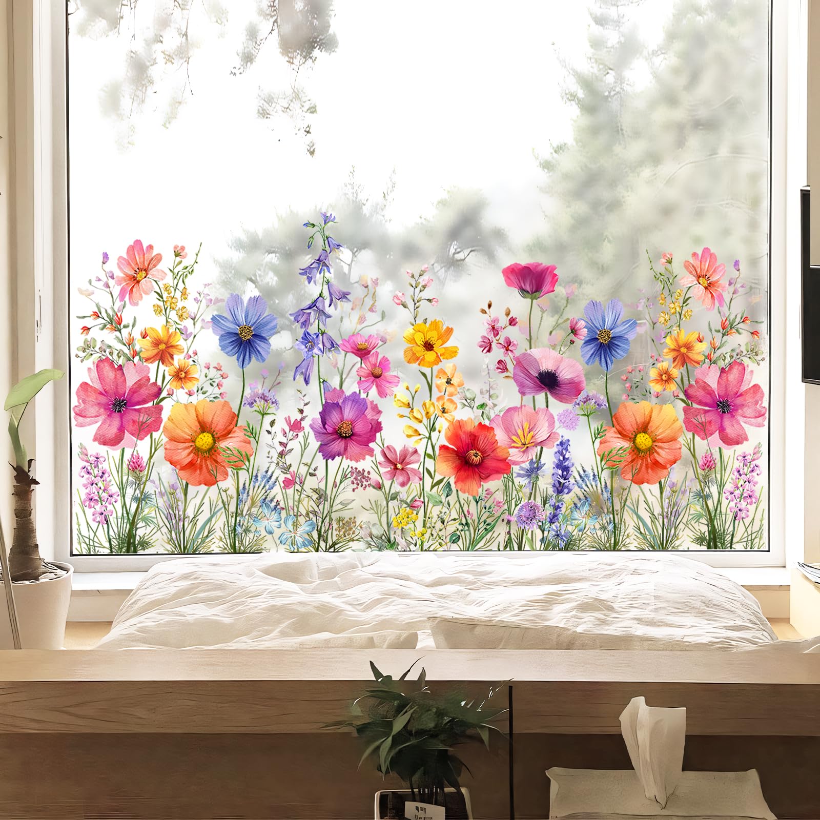 Tanlaby Fleurs Colorées Autocollants Fenetre Printemps Fleurs Stickers Fenetre Anti-Collision Réutilisables Statiques Double Face pour Chambre à Coucher Maison Le Salon et Les Portes Fenêtres