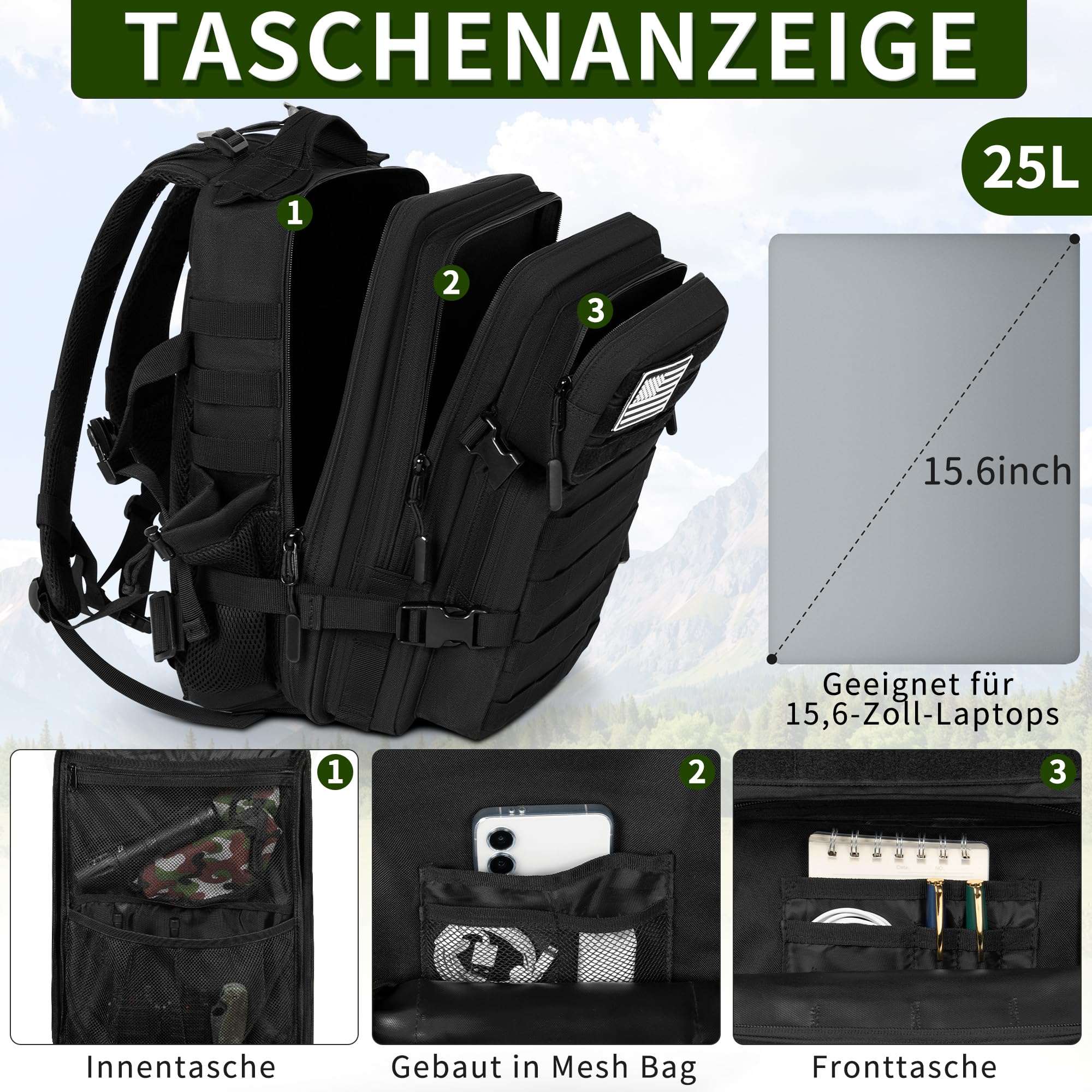 25L Taktischer Rucksack, Outdoor Große Kapazität Assault Pack Bag, Schwarz | Nylon Jagdrucksack,Rucksack für Wandern,Wanderrucksack, Go Bag Rucksack Trekking,Camping und Outdoor Aktivitäten,Wasserdicht