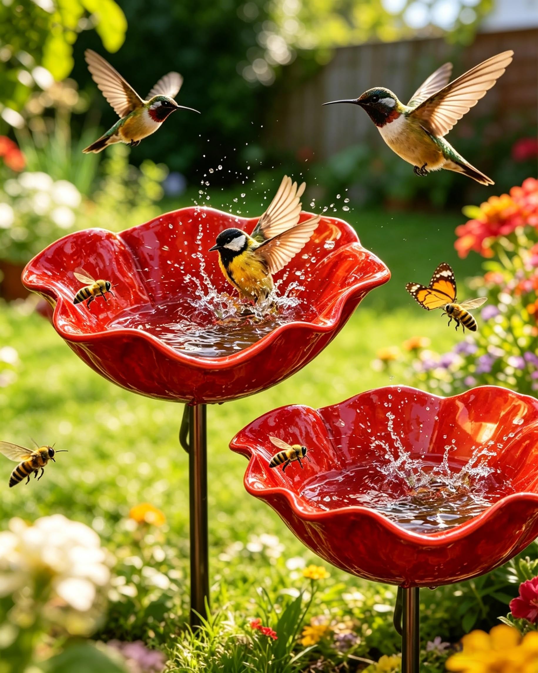 Handmade Metal Flower Garden Stake, Outdoor Bird Baths Bee Watering Station for Lawn, Colorful Bee Butterfly Feeders for Yard Decor, Metal Decorative Garden Stakes-2PCS