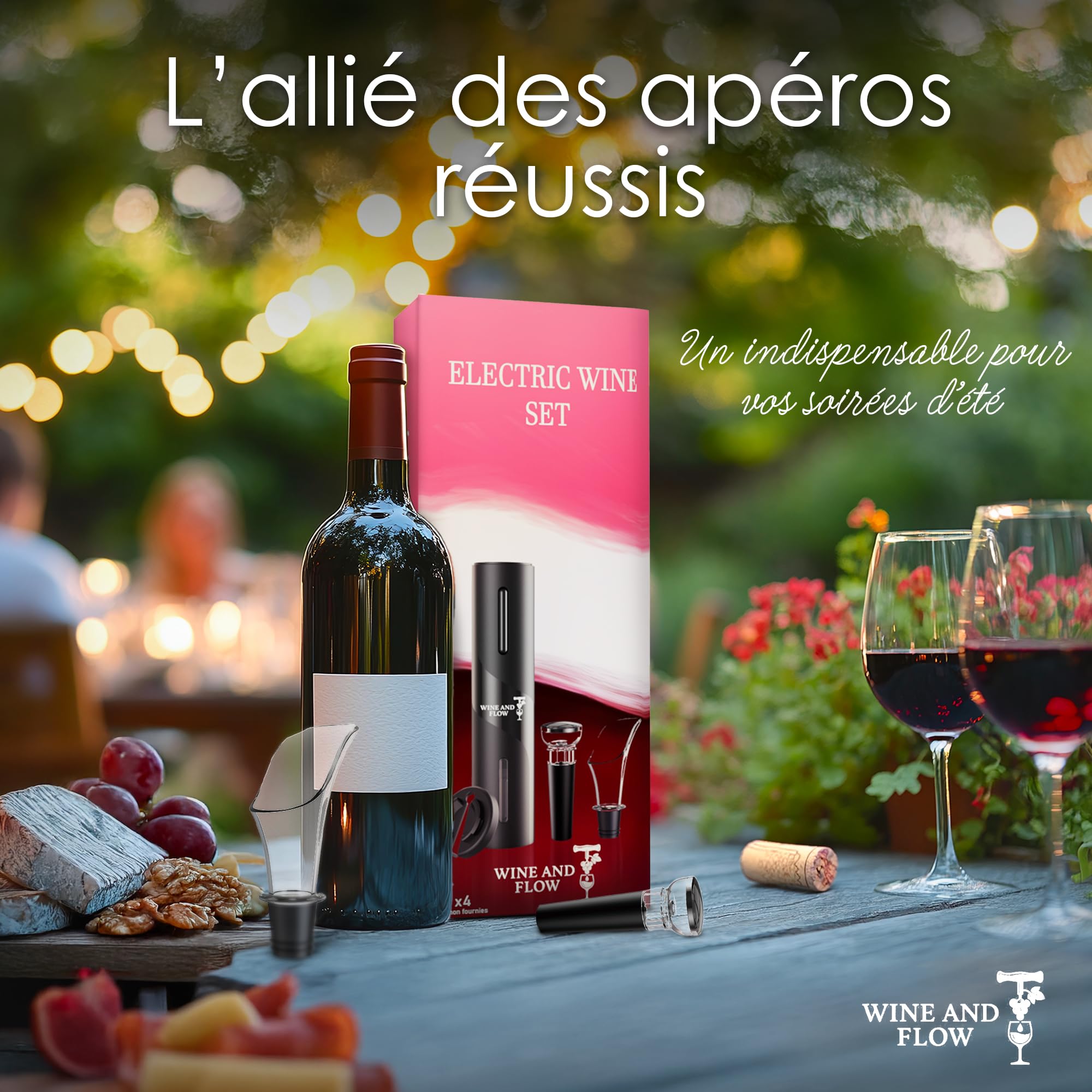 Cavatappi elettrico 4 in 1 a batteria Wine and Flow – Idee regalo premium amatoriale o professionale del vino – Confezione regalo originale apribottiglie elettrica – Accessorio vino e cavatappi