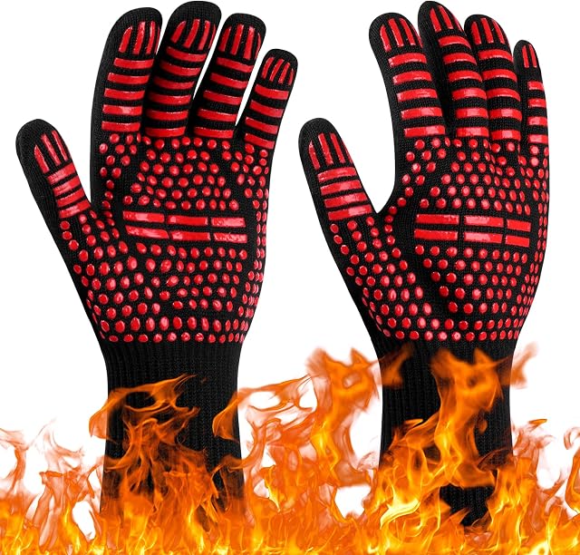Flintronic Grill Gloves Heat Resistant Fire Resistant Oven Gloves Hand Protection Grill Gloves, 1472°F/800°C Heat Resistant Oven Gloves for Grill, Oven, Cooking, Soldering (Red)
