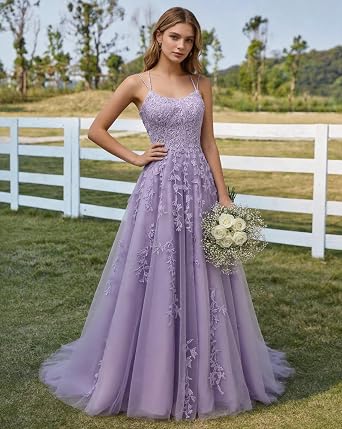 Lace Applique Tulle Prom Dresses for Teens 2026 Long Spaghetti Straps Ball Gown A-Line Formal Evening Gowns