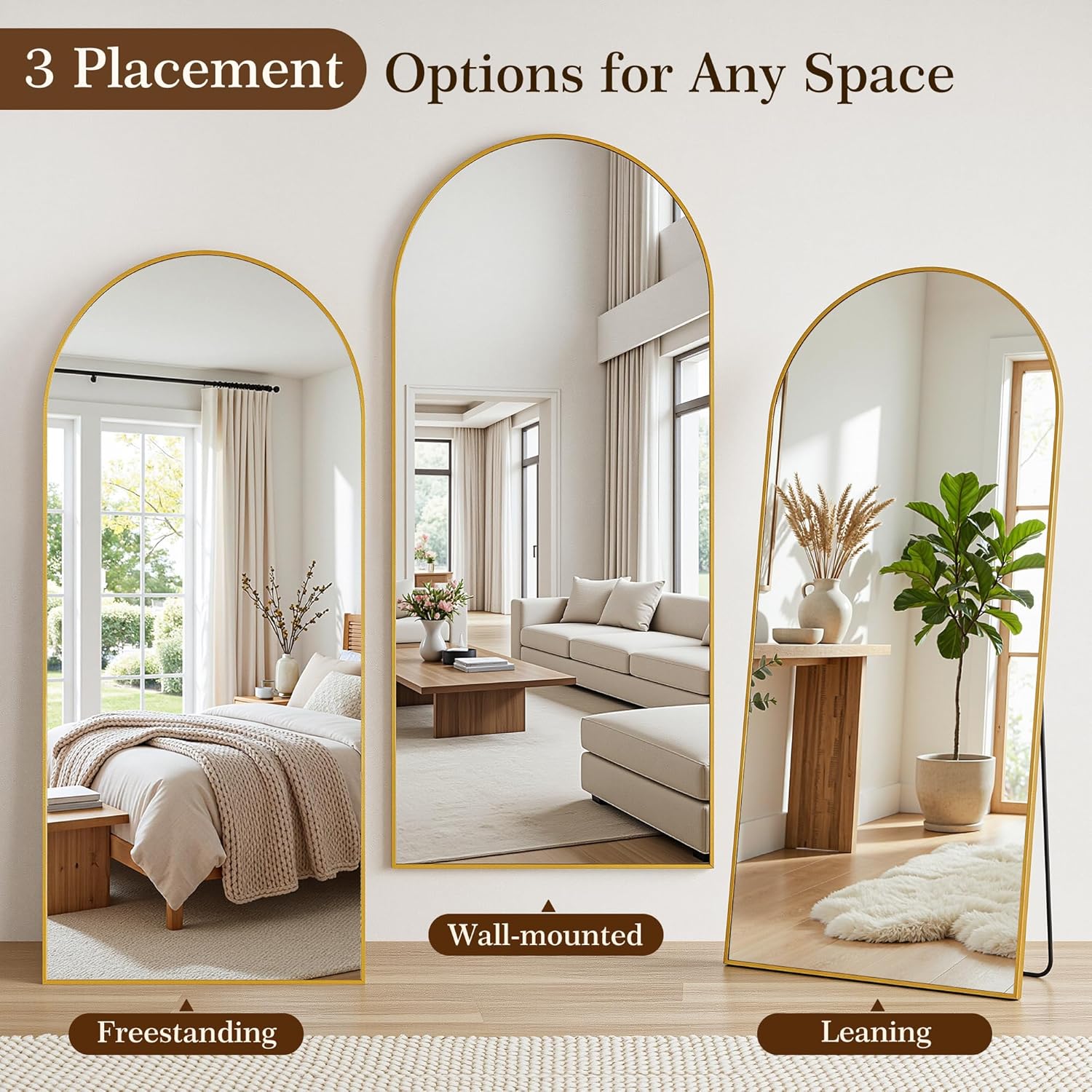 69"x28" Arched Full Length Mirror with Stand, Free Standing Leaning Wall Mounted Aluminum Alloy Frame Mirror for Bedroom Living Room Cloakroom, Gold