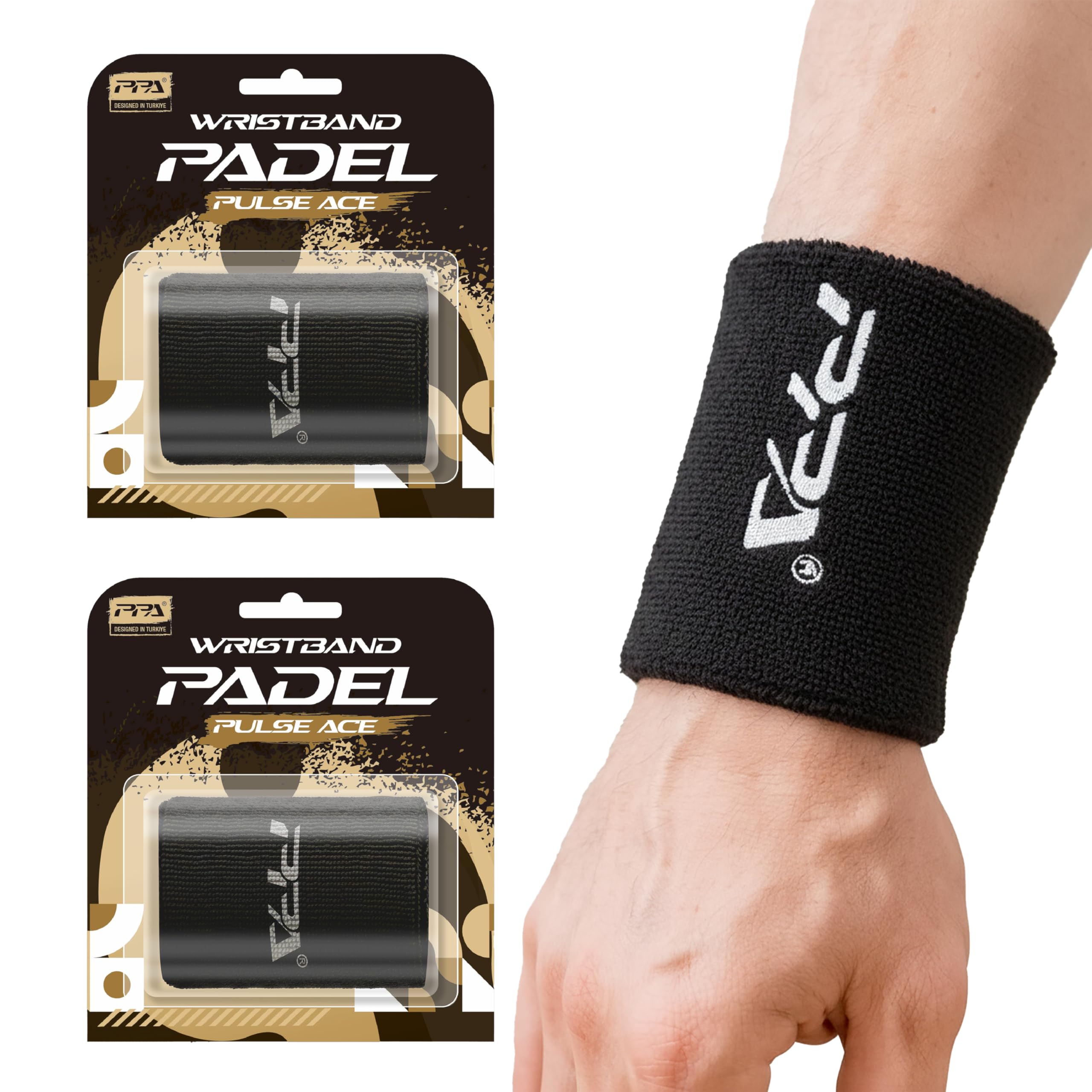 PADEL PULSE ACE Pro Wrist Sweat bands (Pack of 2) – Sweat Absorbent Sports Wristbands for Padel, Tennis, Gym & Running, Breathable Anti-Slip Wrist Support, 8×10 cm Black