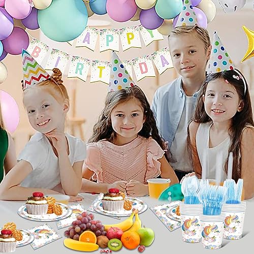 Miniatura 7 de Juego de 116 suministros para fiesta de unicornio, platos y servilletas de unicornio, decoraciones de cumpleaños de unicornio, incluyendo platos
