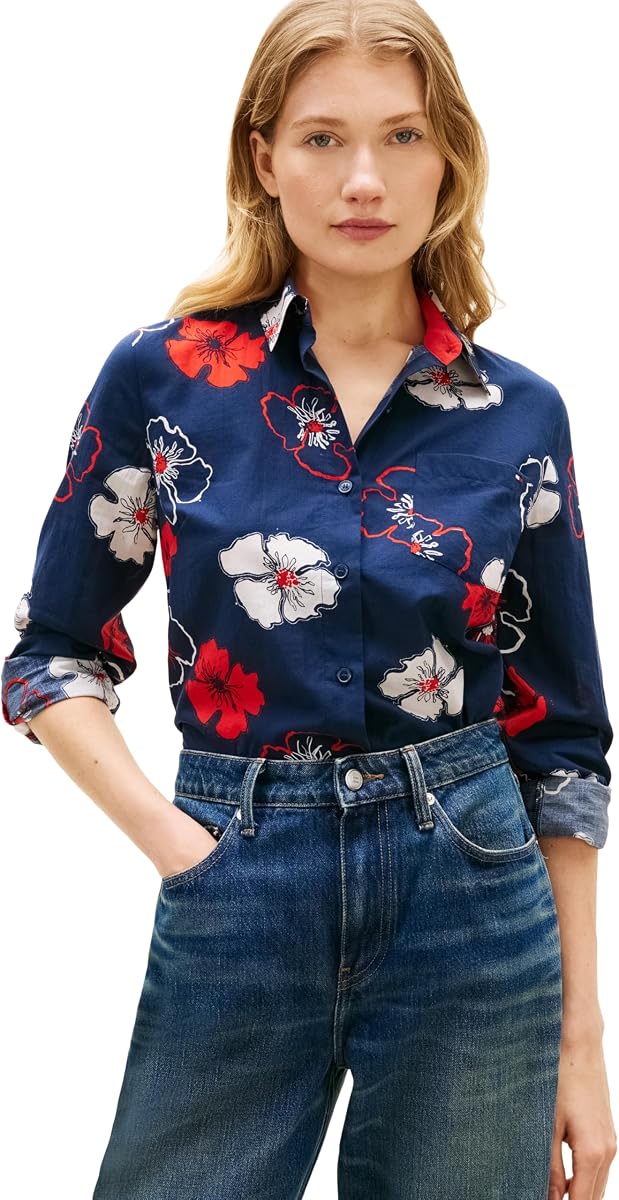 Tommy Hilfiger Camisa de popelina de algodón de manga larga con botones y corte regular para mujer