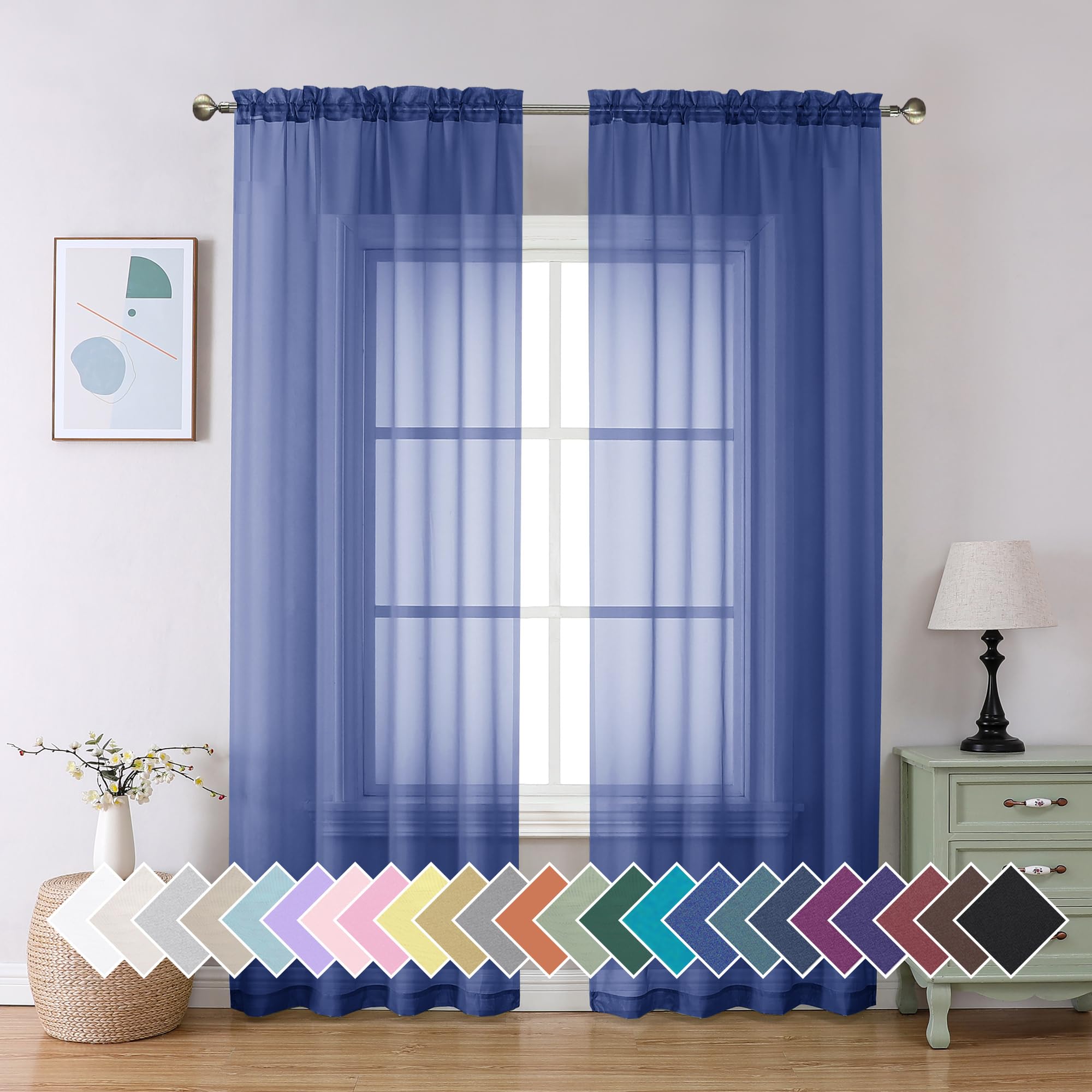 Photo 1 of Aiyufeng Royal Blue Sheer Curtains 90 Inches Long 2 Panels Set, Semi Transparent Voile Rod Pocket Blue Sheer Window Drapes for Bedroom Bed Canopy Dining Wedding Party Backdrop, 42W x 90L inch