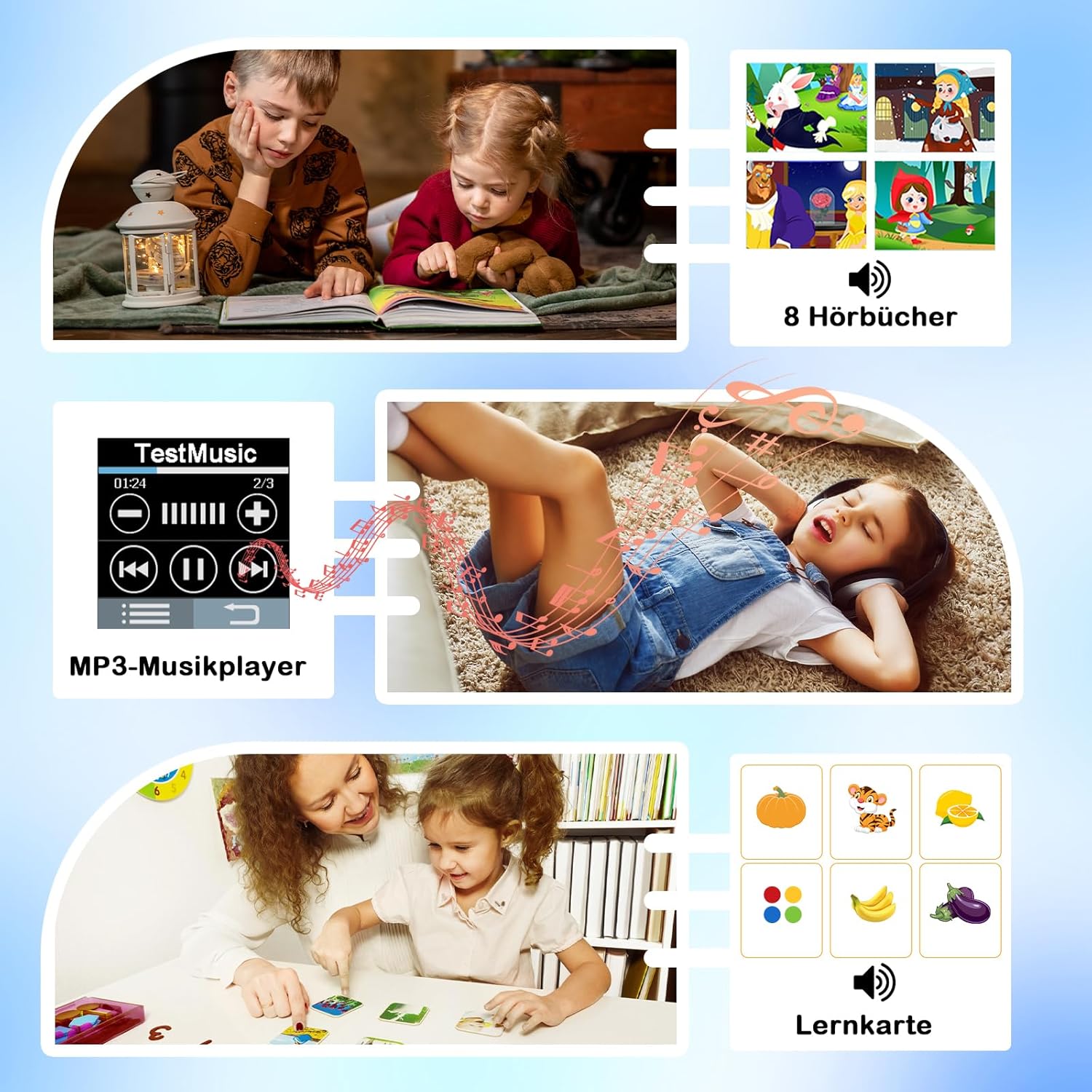 Smartwatch screen displaying MP3 player interface, alongside images of children listening to audiobooks and using learning cards.