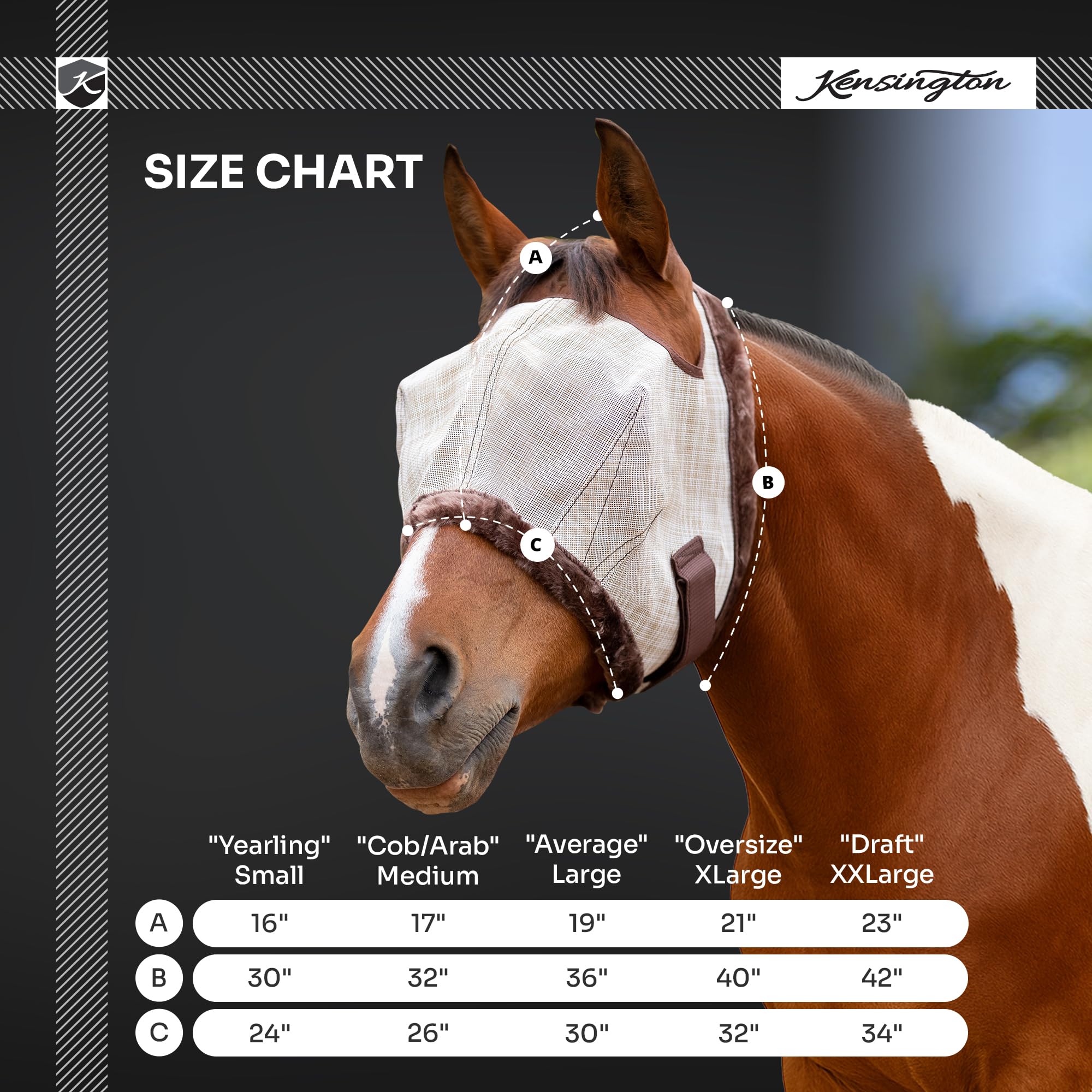 Kensington - Máscara antimoscas con ribete de forro polar para caballos, protege la cara y los ojos de las moscas y los rayos del sol mientras permite una visibilidad completa, transpirable y no