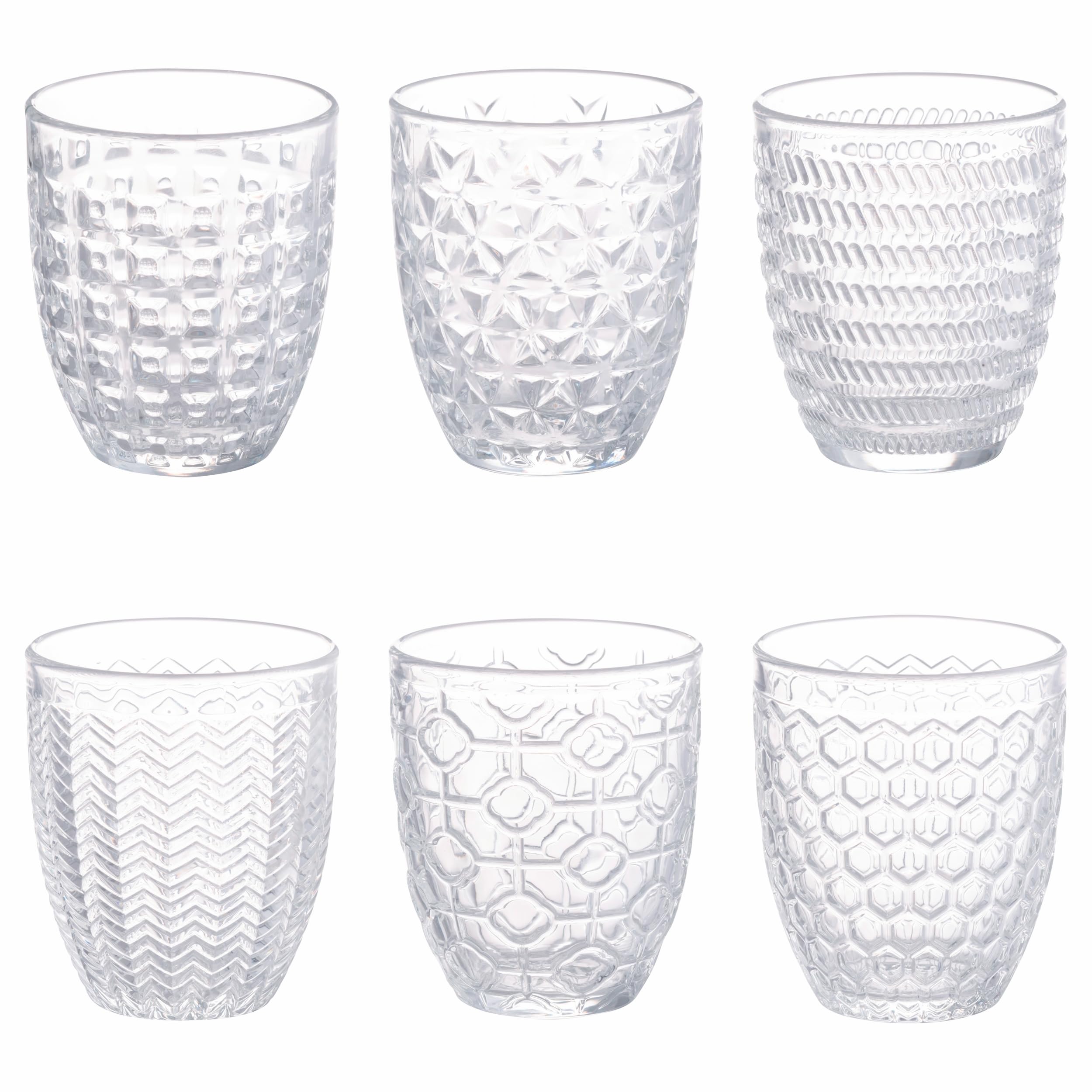 Set 6 bicchieri acqua 320 ml, in vetro trasparente decorato a rilievo, Geometrie Light