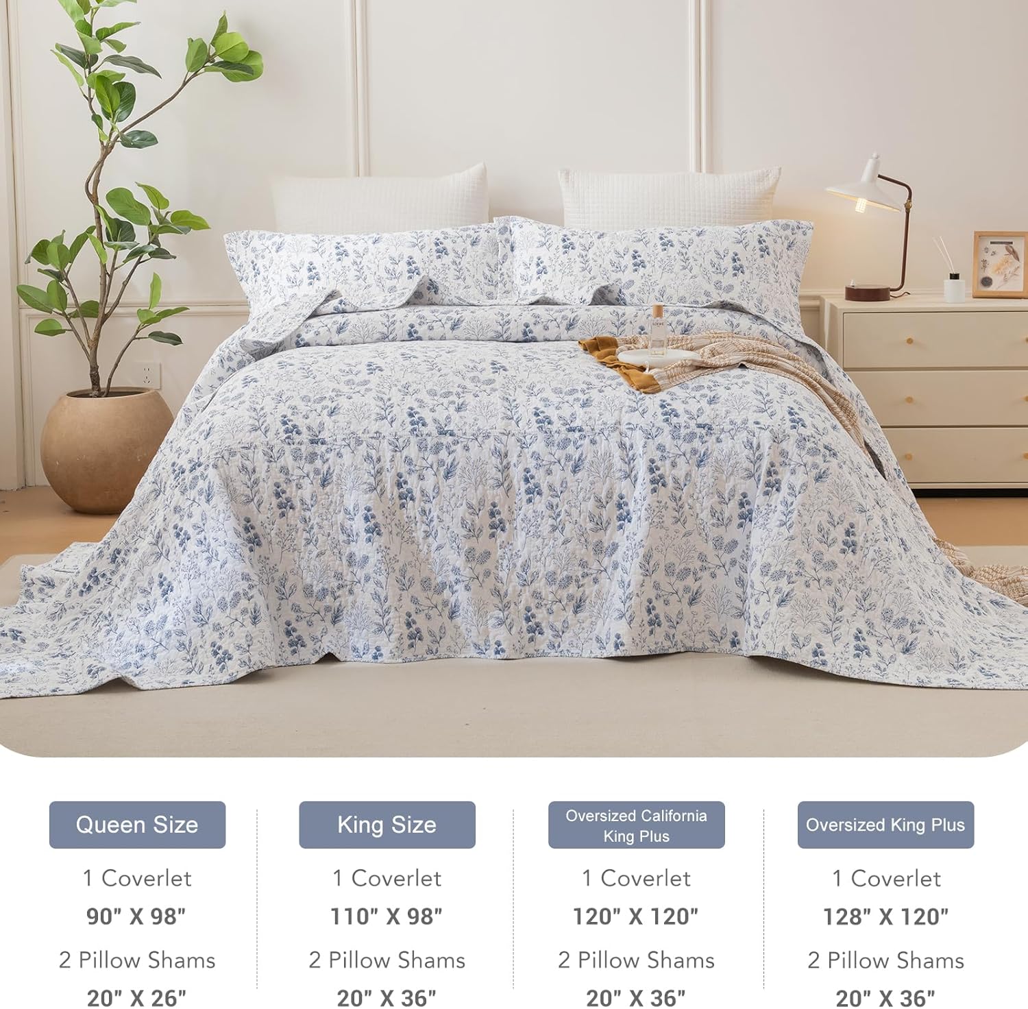 Lady Ann Oversized King Quilt Bedspreads 120x120, 3 Pcs Cotton Floral California King Size Quilt Bedding Set， Blue and White Floral & Leaves Pattern Plant Botanical Printed Quilted Coverlet Set