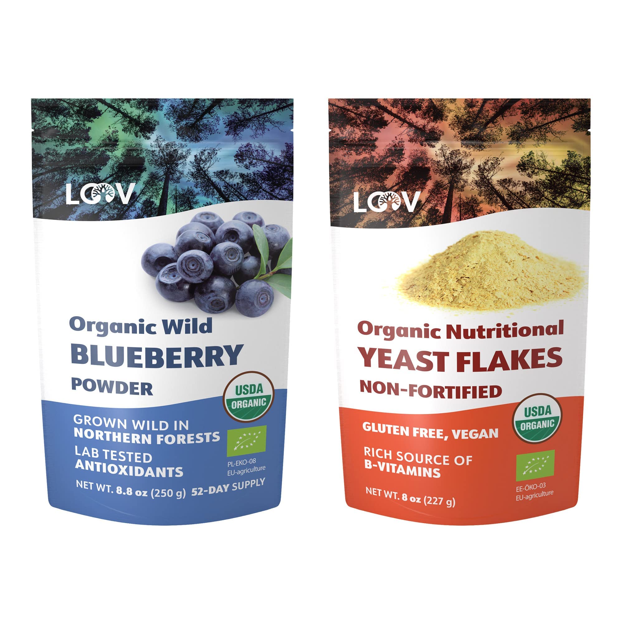 LOOV Bundle – 2 Items Organic Wild Blueberry Powder and Organic Non-Fortified Nutritional Yeast Flakes