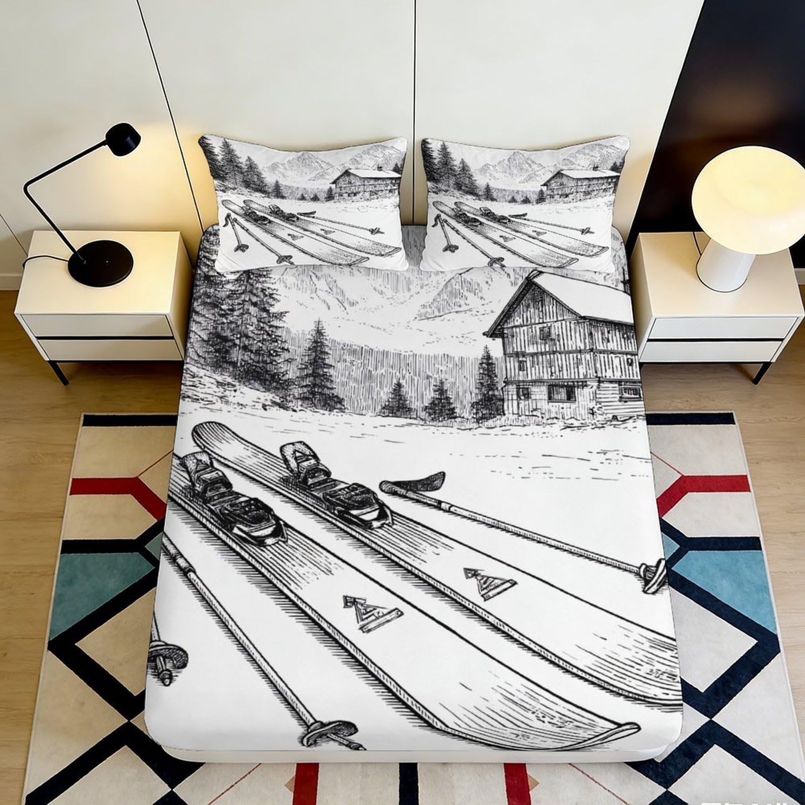 3D Printed Ski Mountain Fitted Sheet Microfiber Soft Breathable Chalet Landscape Mattress Cover for Bedroom Decor 90x200x25cm