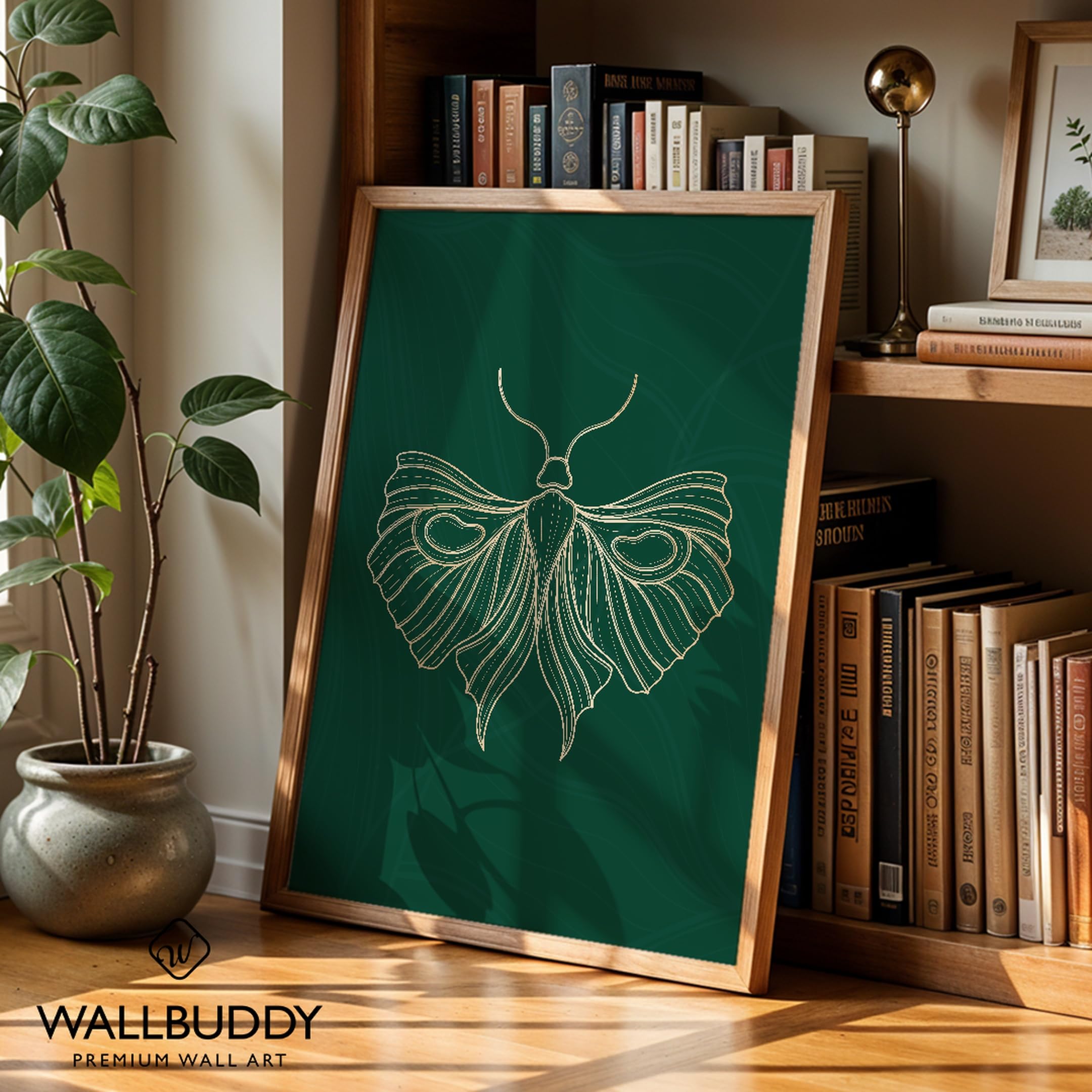 WallBUddy Motten Linienkunst Wanddruck | Elegant (60 x 90 cm, Eichenrahmen)