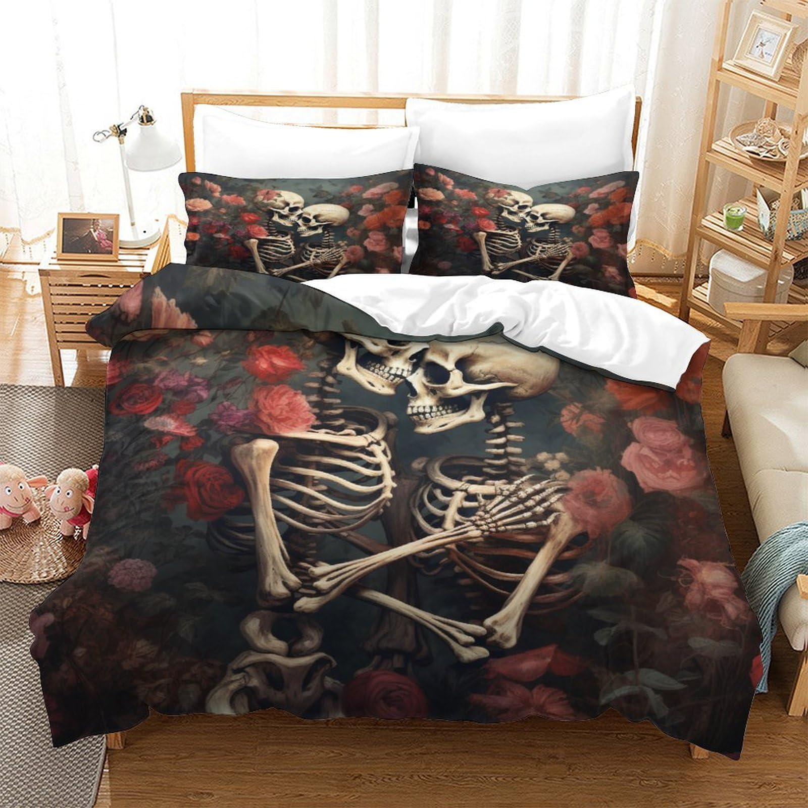 P1S9U7W5Y Gothic Rose 3D Printed Skeleton Duvet Cover Set 3pcs Microfiber Bedding Set Double