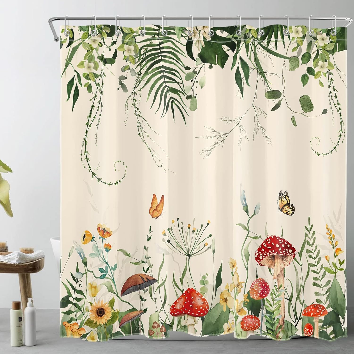 LB Sage Green Plant Shower Curtain Red Mushroom Butterfly Yellow Flowers Beige Long Shower Curtain Set Eucalyptus Leaf Shower Curtains for Bathroom Waterproof Washable Fabric with Hooks,72x78 inch