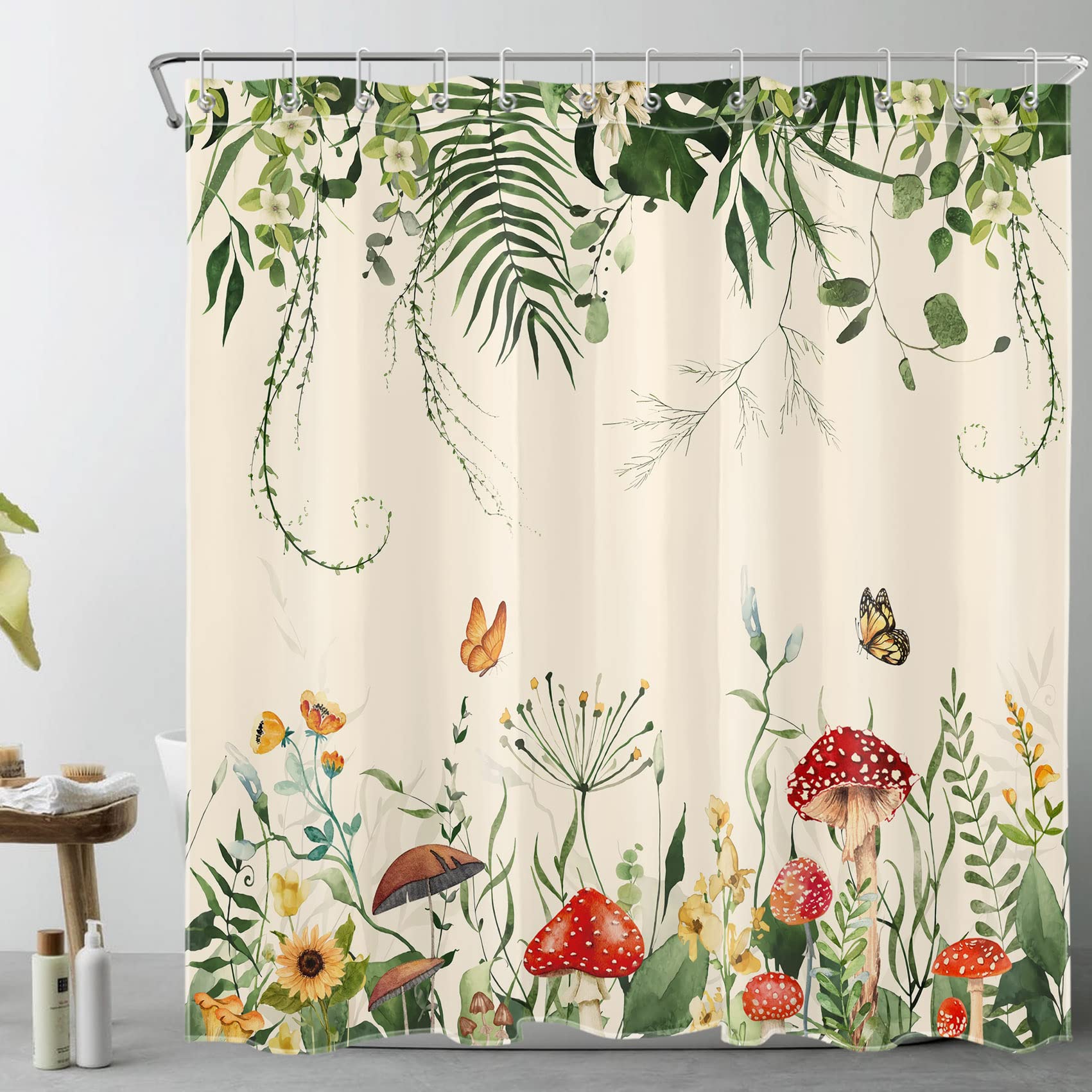 Rideau de douche champignon et fleurs pour créer une ambiance nature en salle de bain