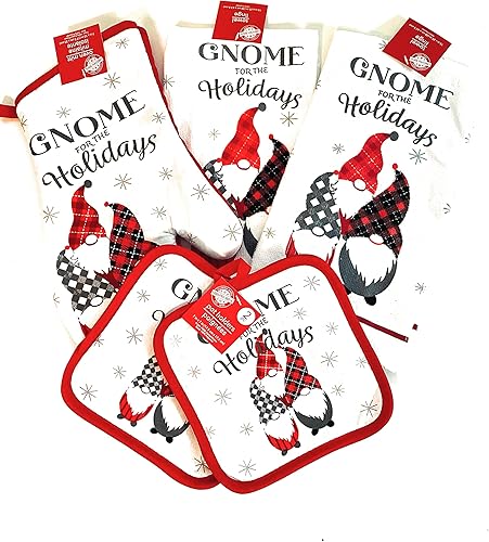 Greenbrier Gnomos internacionales para las fiestas. Juego de cocina de Navidad de 5 piezas. 2 toallas de cocina, 2 soportes para ollas y 1 guante de
