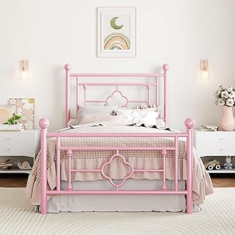 SHA CERLIN 14 Inches Twin Size Metal Platform Bed Frame/Vintage Iron-Art Headboard and Footboard/Mattress Foundation for Storage/No Box Spring Needed/Noise-Free/Easy Assembly/Pink