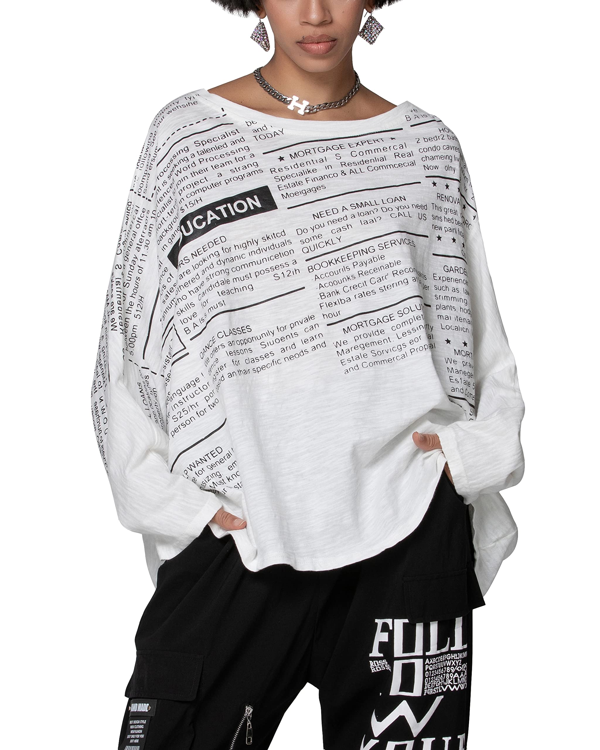 ellazhuWomen Loose Crewneck Long Sleeve Letters Print Pullovers Top Tshirt GY2742