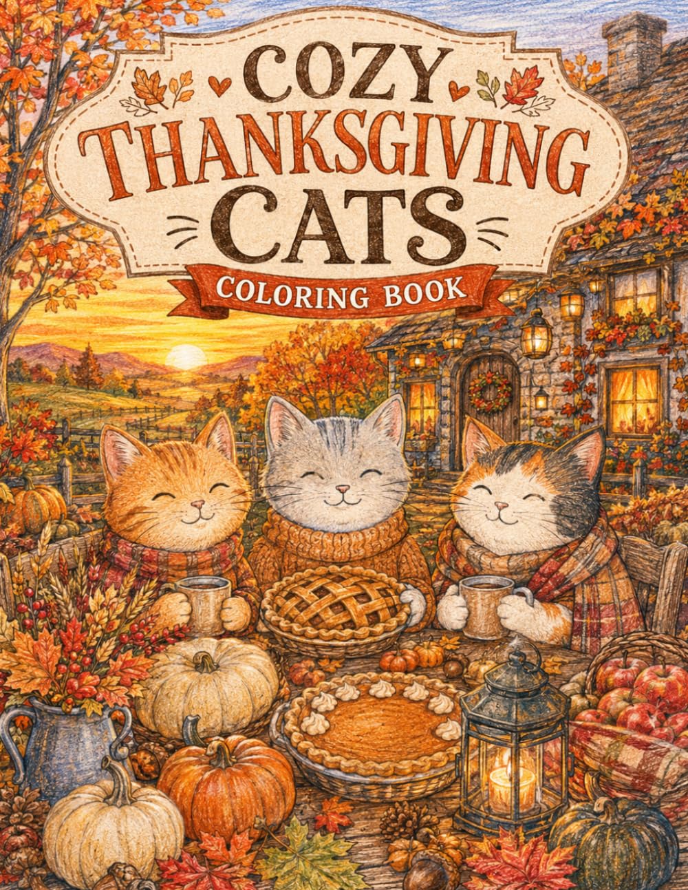 Cozy Thanksgiving Cats Coloring Book: Cute Cats and Cozy Thanksgiving Scenes to Color