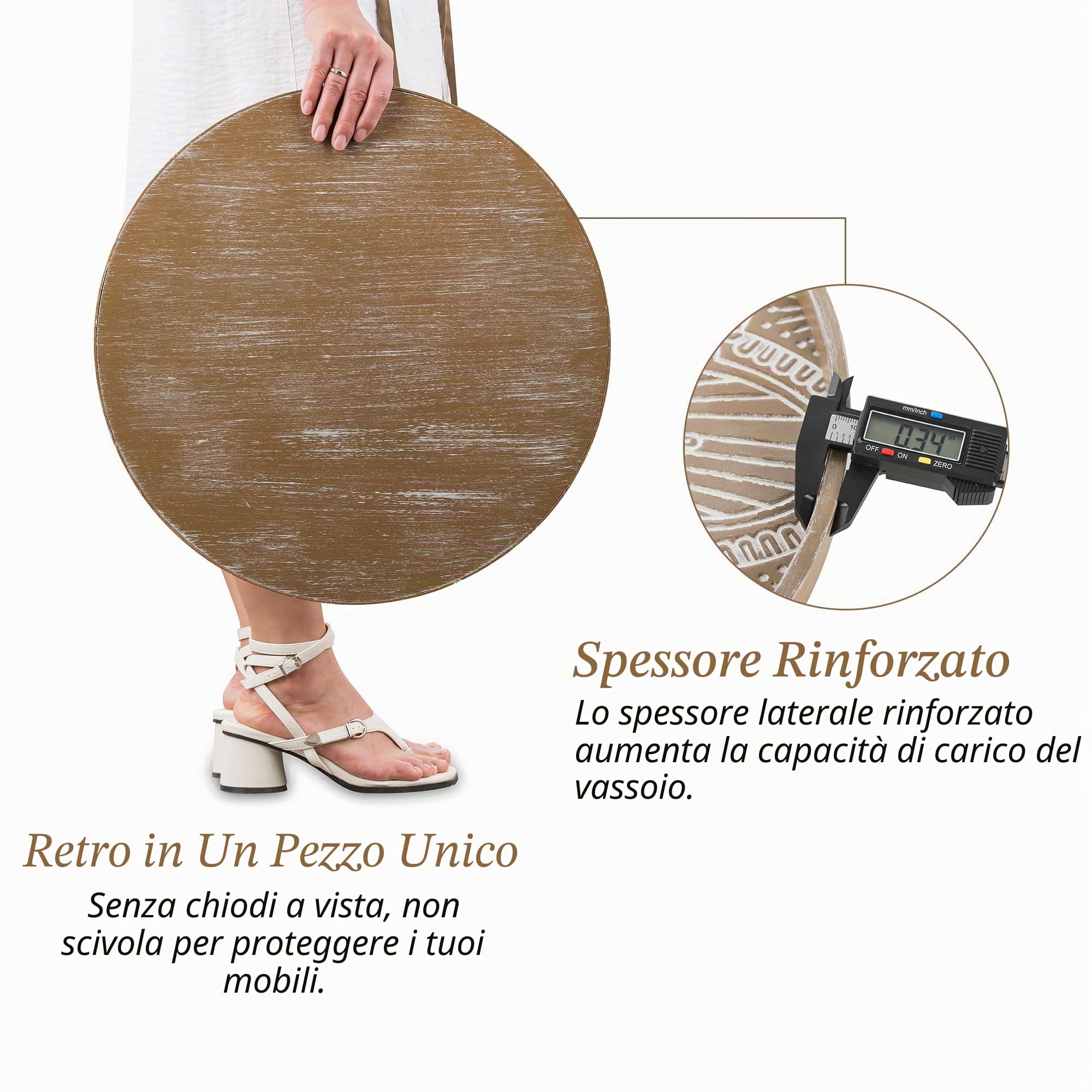 Hanobe Grande vassoio decorativo in legno: vassoio ottomano rustico in stile bohémien, decorazione per tavolino da caffè, centrotavola – vassoio rotondo in legno floreale per bancone della cucina,