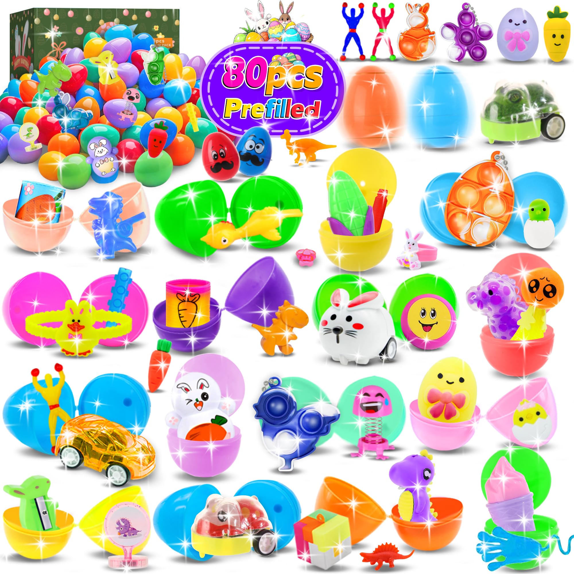 Ulosharky 80 Pack Prefilled Easter Eggs with Toys Inside, Plastic Eggs Fillers for Toys Bulk, Easter Basket Stuffers,Easter Eggs Hunt Games Classroom Prizes, Easter Party Supplies Gifts for Kids