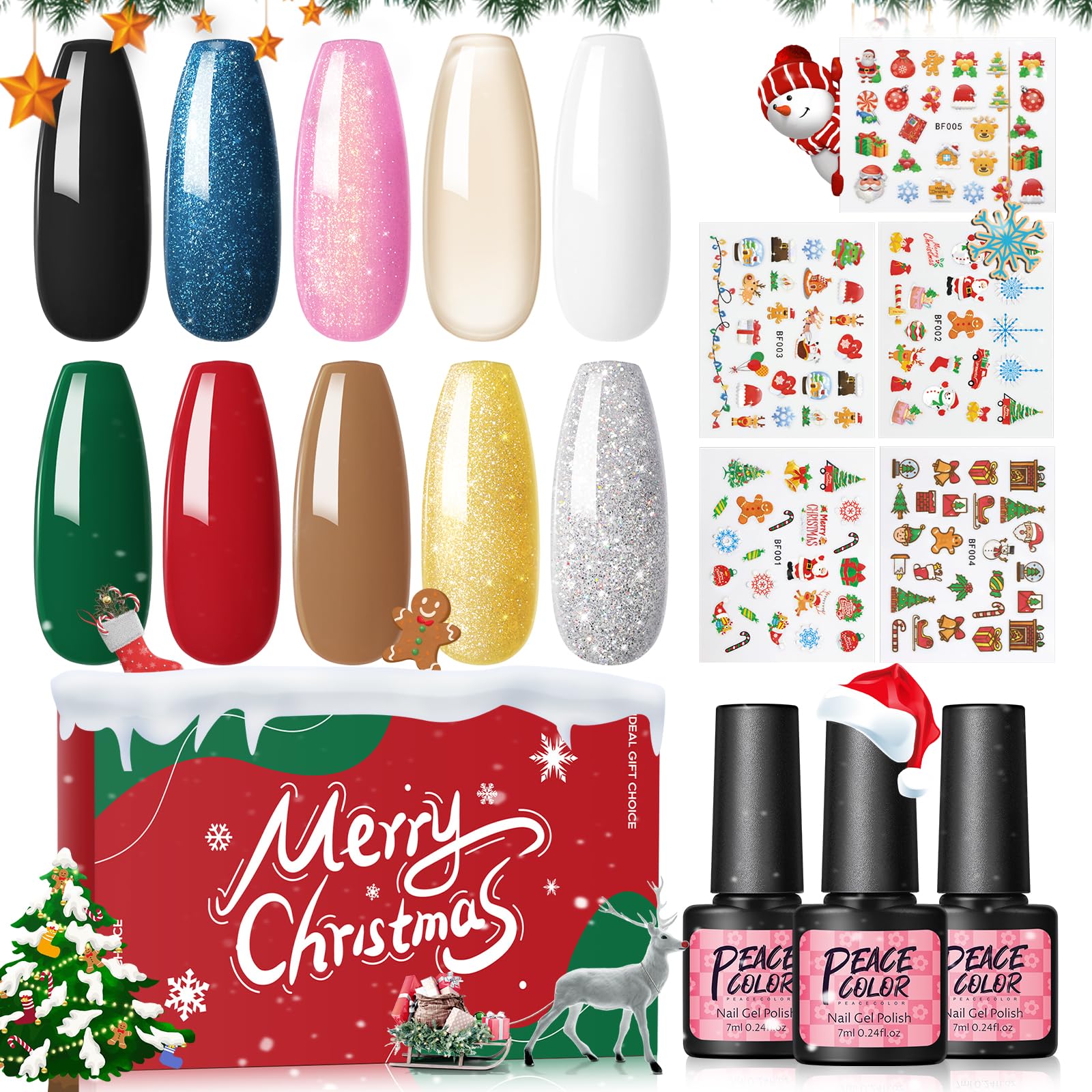 PEACECOLOR Gel Nail Polish, 10 Colours Glitter Red Green Gold Silver Gel Nail Polish Set, 5Pcs Nail Art Stickers Home DIY Nail Kits for Beginners, Nail Set Gifts for Women