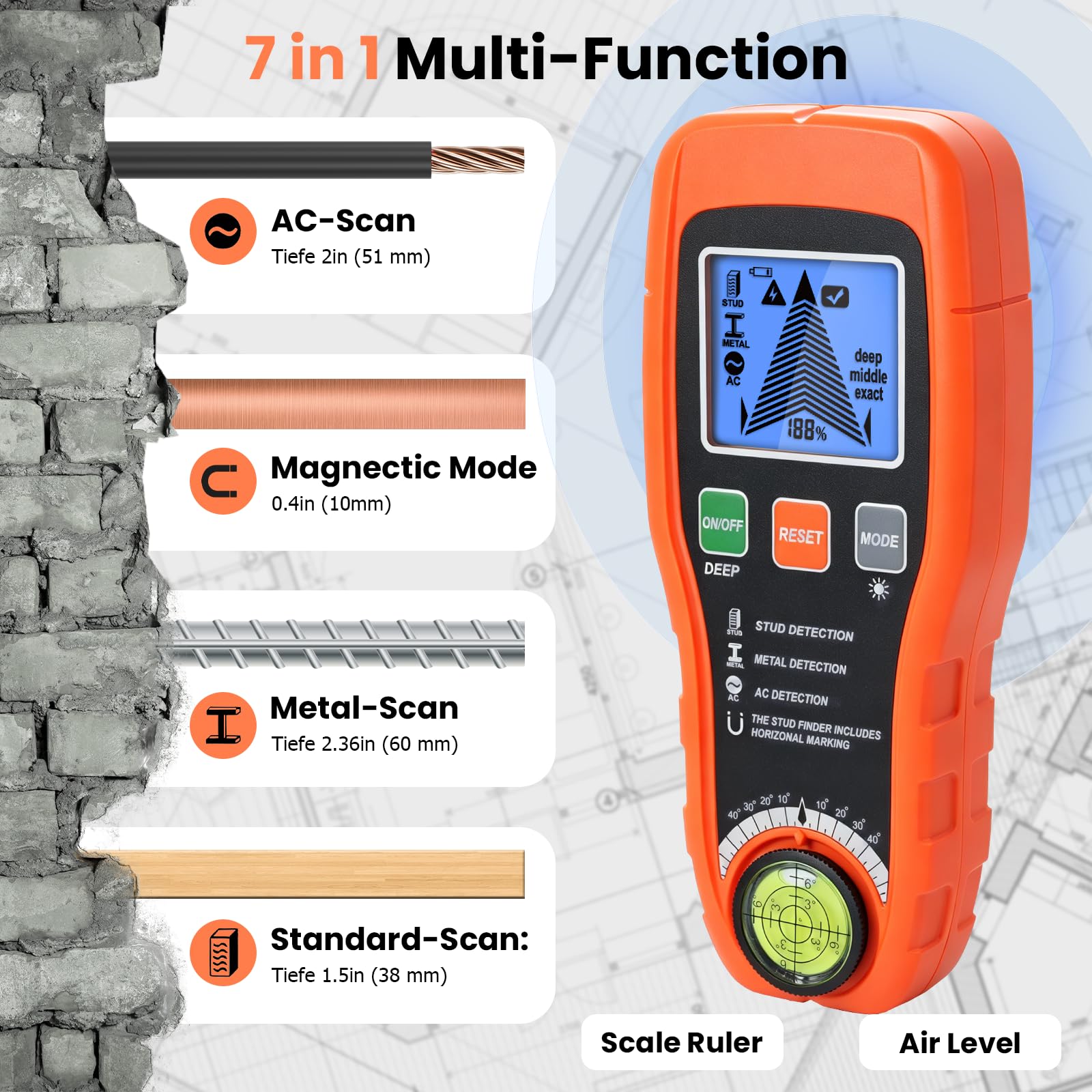 ARCELI 7-in-1 Leitungssuchgerät Leitungssucher Wandscanner mit 3 Holz-Modi,Metall,AC,Wasserwaage + Nail Finder – Elektronischer Leitungsfinder Kabelsuchgerät mit Deep Scan & HD-LCD