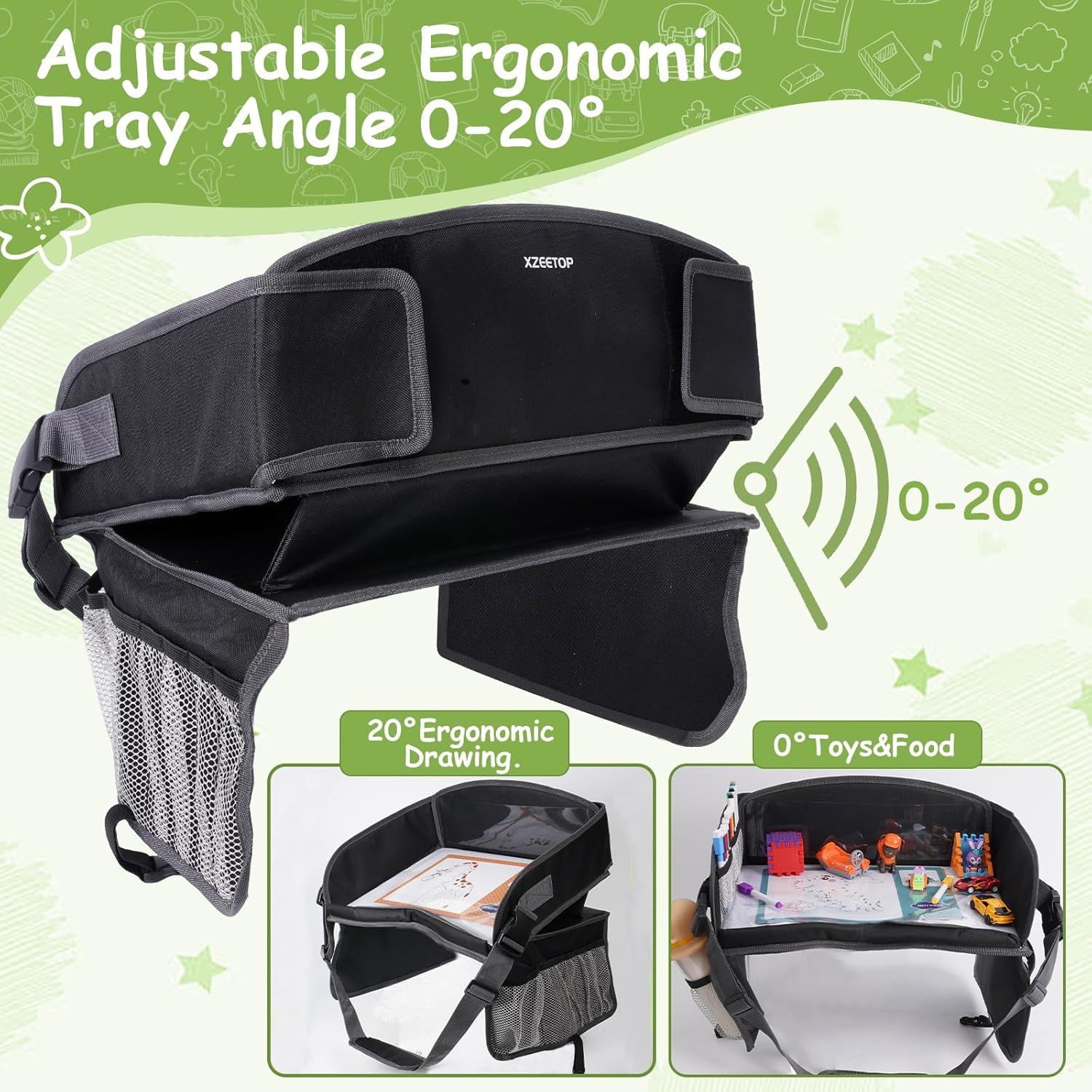 Kids Travel Tray for Car Lap Desk for Kids Ergonomic Elevated Angle Car Seat Tray with Cup Holder Storage Pockets Ideal Travel Essentials for Long Trips