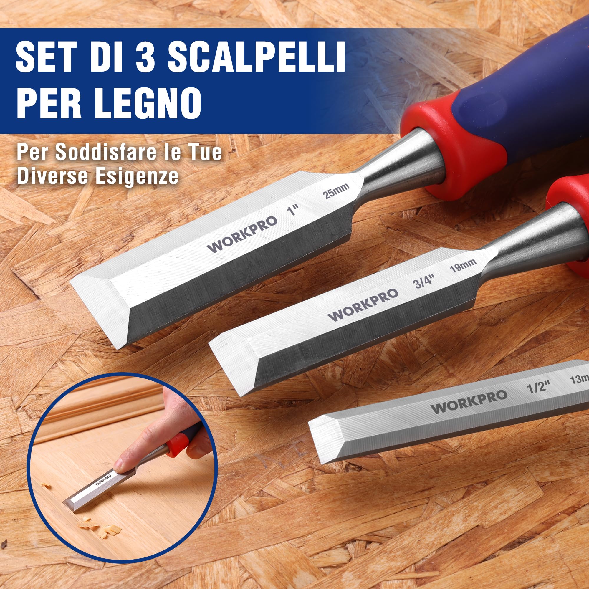 WORKPRO Set Scalpelli per Legno 3 Pezzi da Falegname in Cr-V 230mm