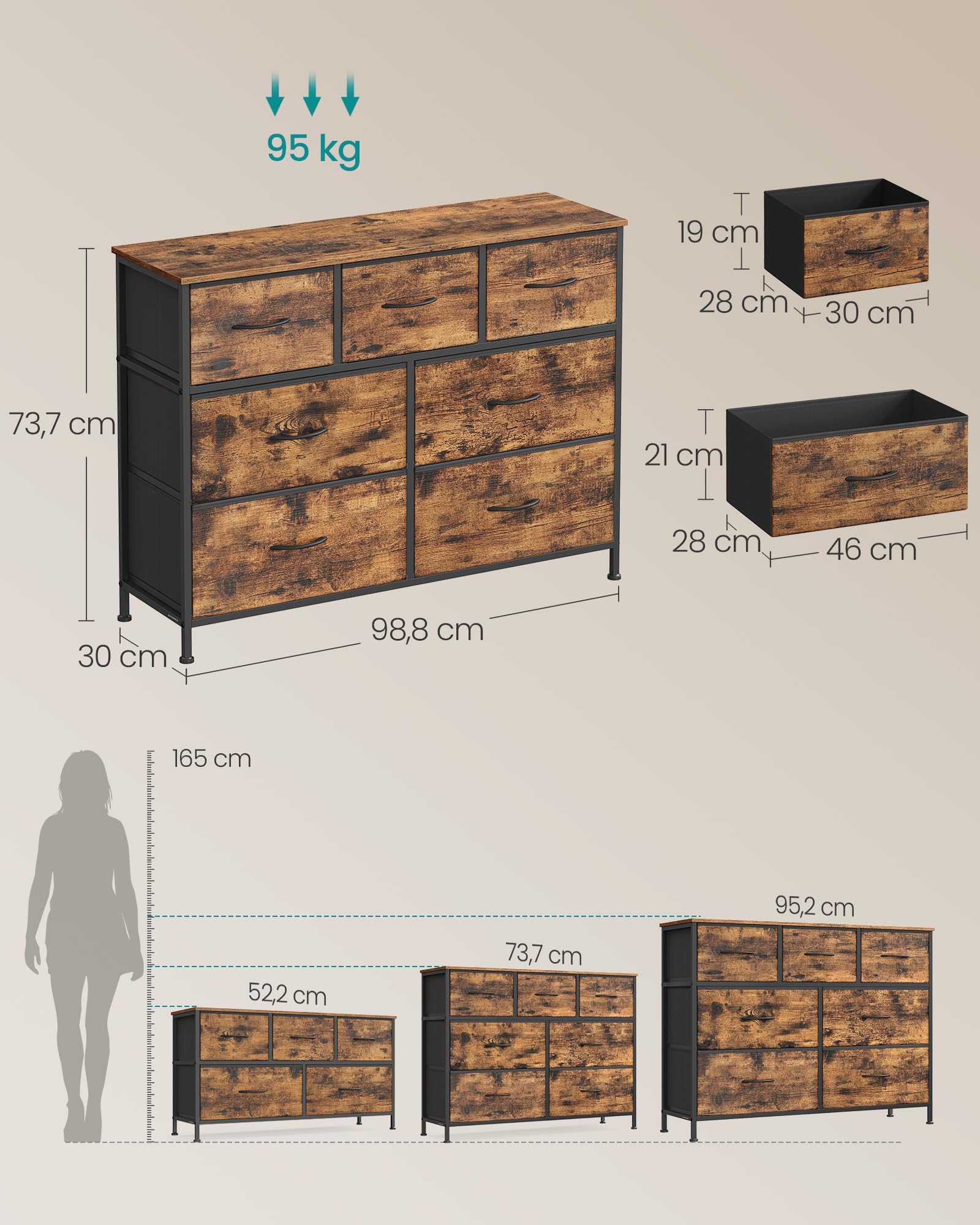 SONGMICS Komoda, 7 szuflad do przechowywania, sypialnia, szafka do przechowywania, stal, płyta MDF, włóknina, do sypialni, szafy, przedpokoju, salonu, rustykalny brąz i czarny atrament LGS323BH04