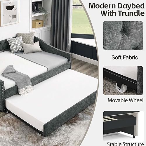 Miniatura 4 de Sofá cama de tamaño matrimonial con cama nido individual, sofá cama capitoné tapizado con botones y adornos de uñas en los brazos, marco de cama de