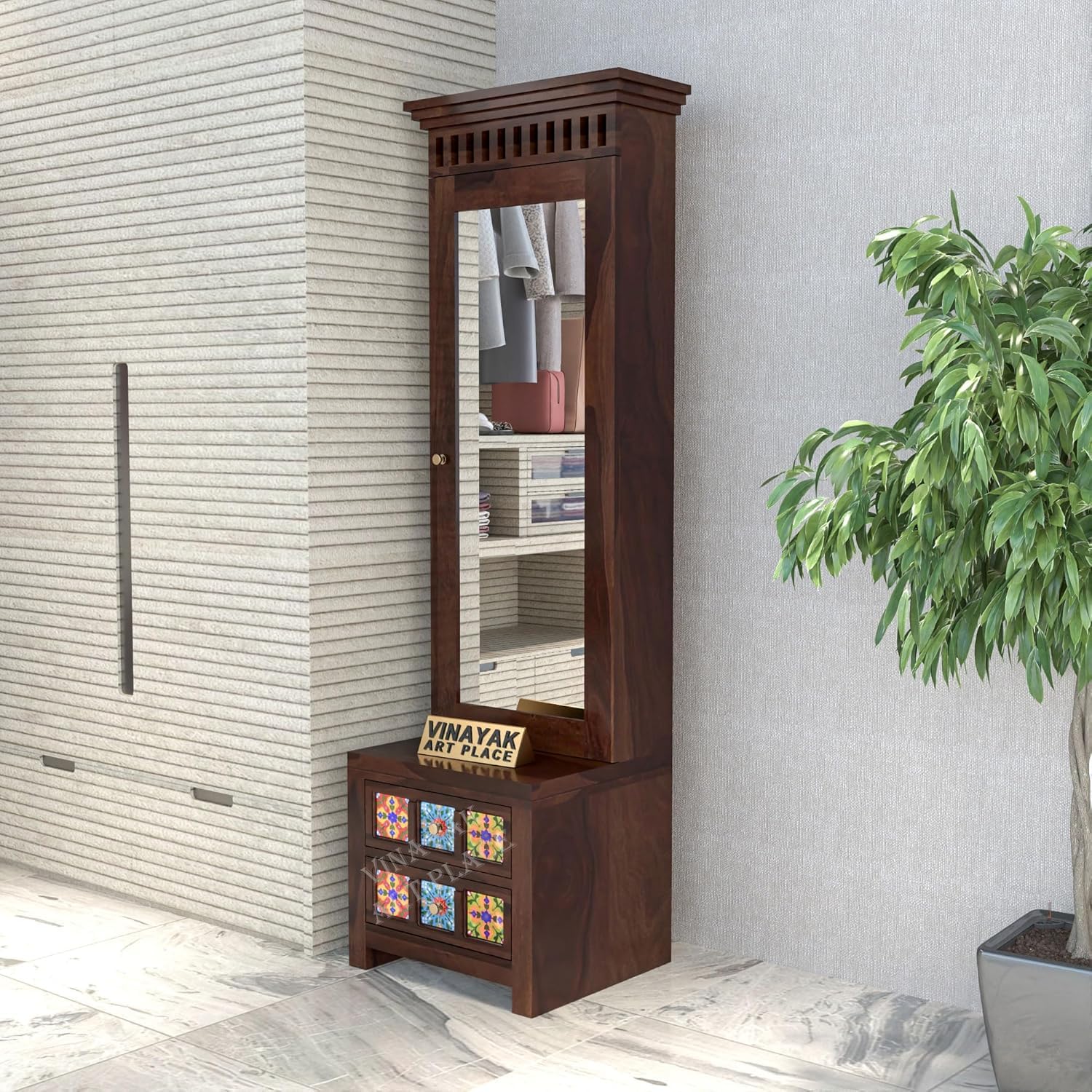 Solid Sheesham Wood Dressing Table With Mirror Full Length | Vanity Table with 2 Drawer Storage for Bedroom Furniture | Wooden Vanities For Home | Makeup Table/Organiser/Dresser | Tiles, Solid Walnut