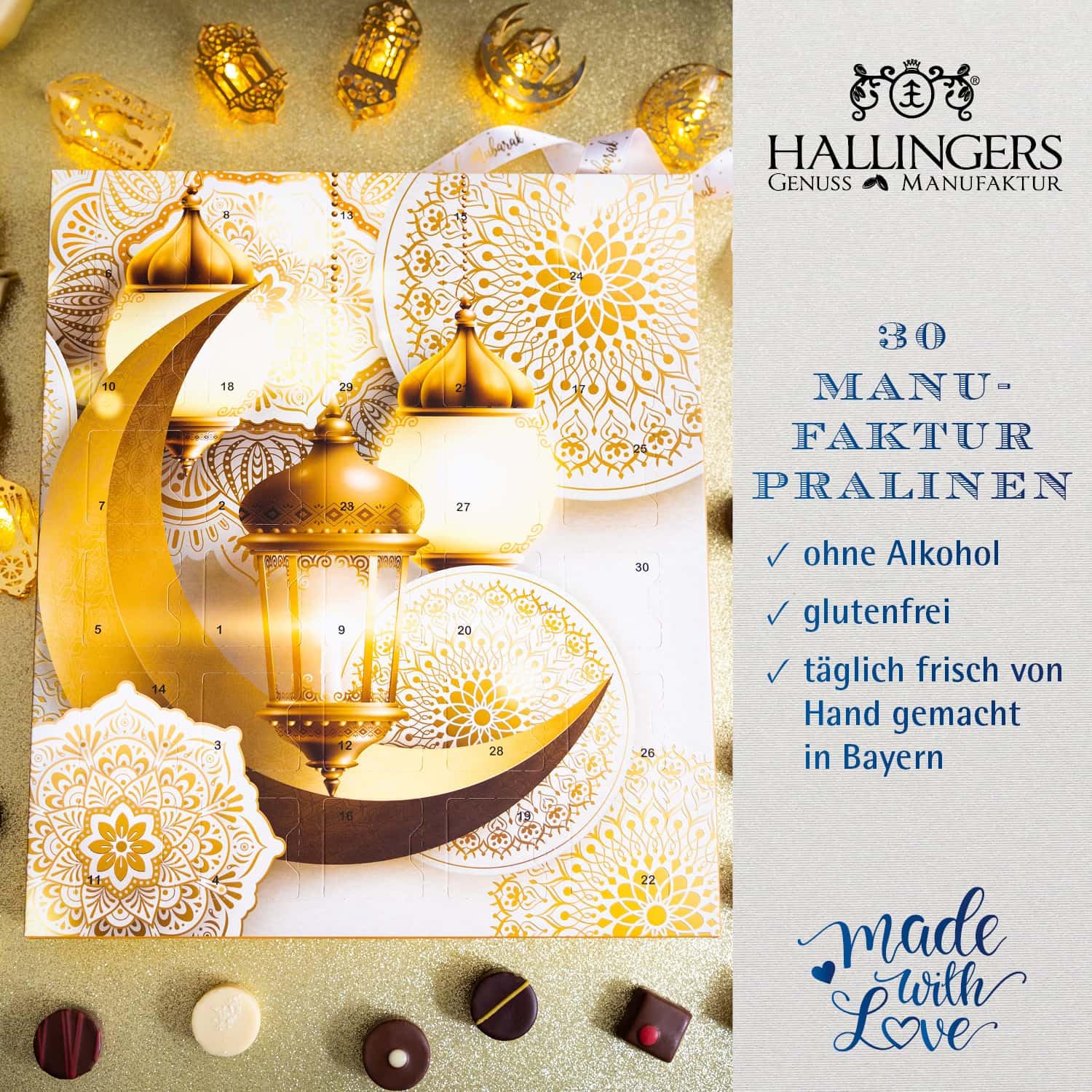 Hallingers Genuss Manufaktur Pralinen Halal Ramadan - ohne Alkohol, handmade aus Edelkakao in wertigem Softfeel-Karton "Ramadan - Mubarak", Kareem Maburak für Frauen Männer