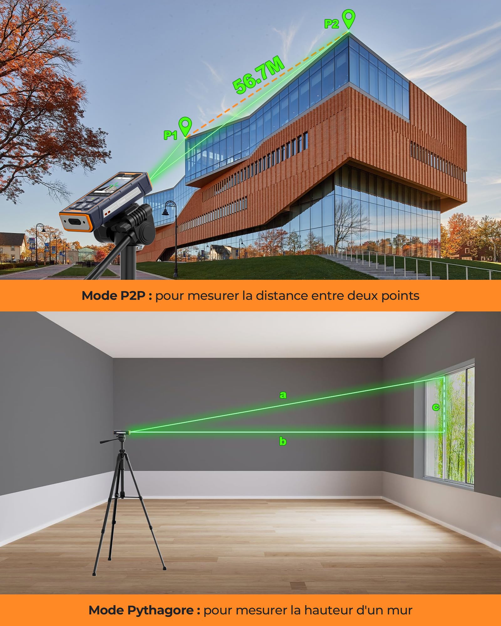 Télémètre Laser bilatéral CIGMAN, jusqu'à 120 m (jusqu'à 60 m dans Chaque Direction), Batterie Rechargeable, câble de Chargement Type-C, avec Sac de Rangement