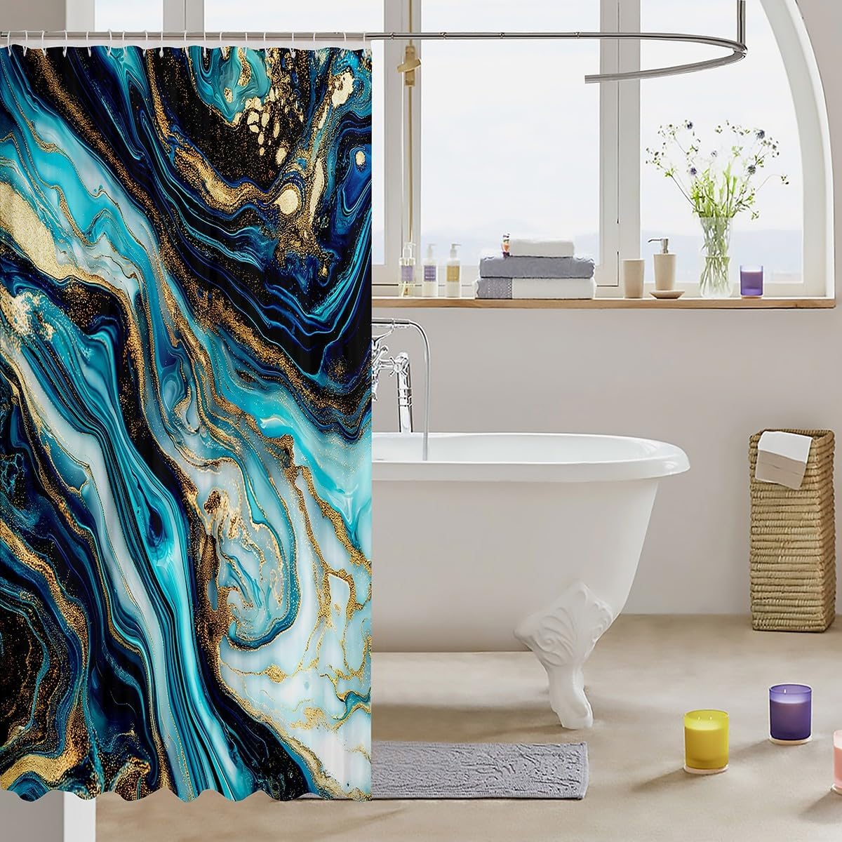 Erosebridal Blue Marble Bath Curtain Teal Marbling Shower Curtain, Abstract Aesthetic Waterproof Bathroom Curtain Watercolor Stone Pattern Shower Accessories, Gold Metallic Sequins Bathtub Decor