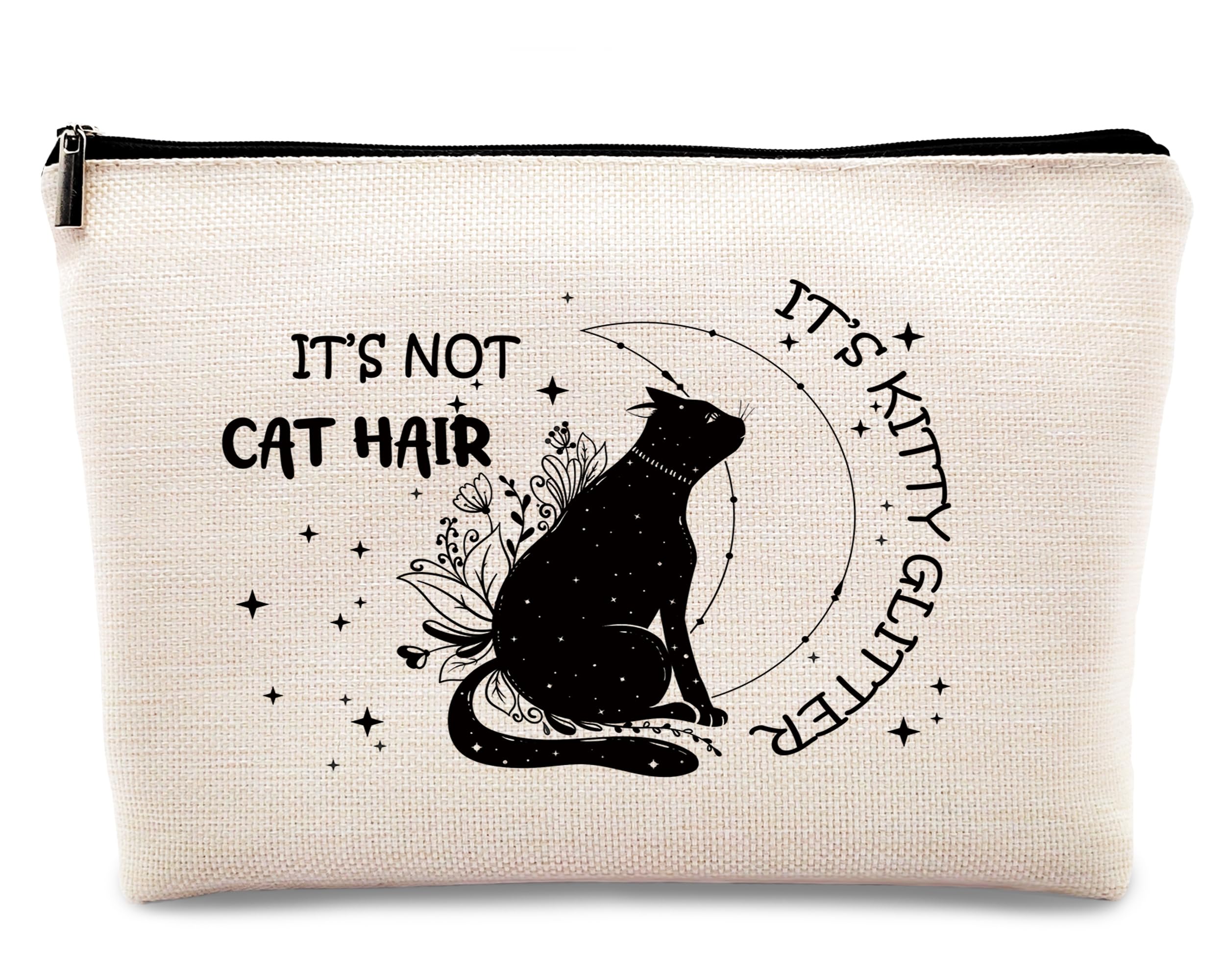KDQua Black Cat Linen Cosmetic Bag, Cat Owner's Gift - 'It's Not Cat Hair, It's Kitty Glitter' Travel Organizer Zipper Pouch