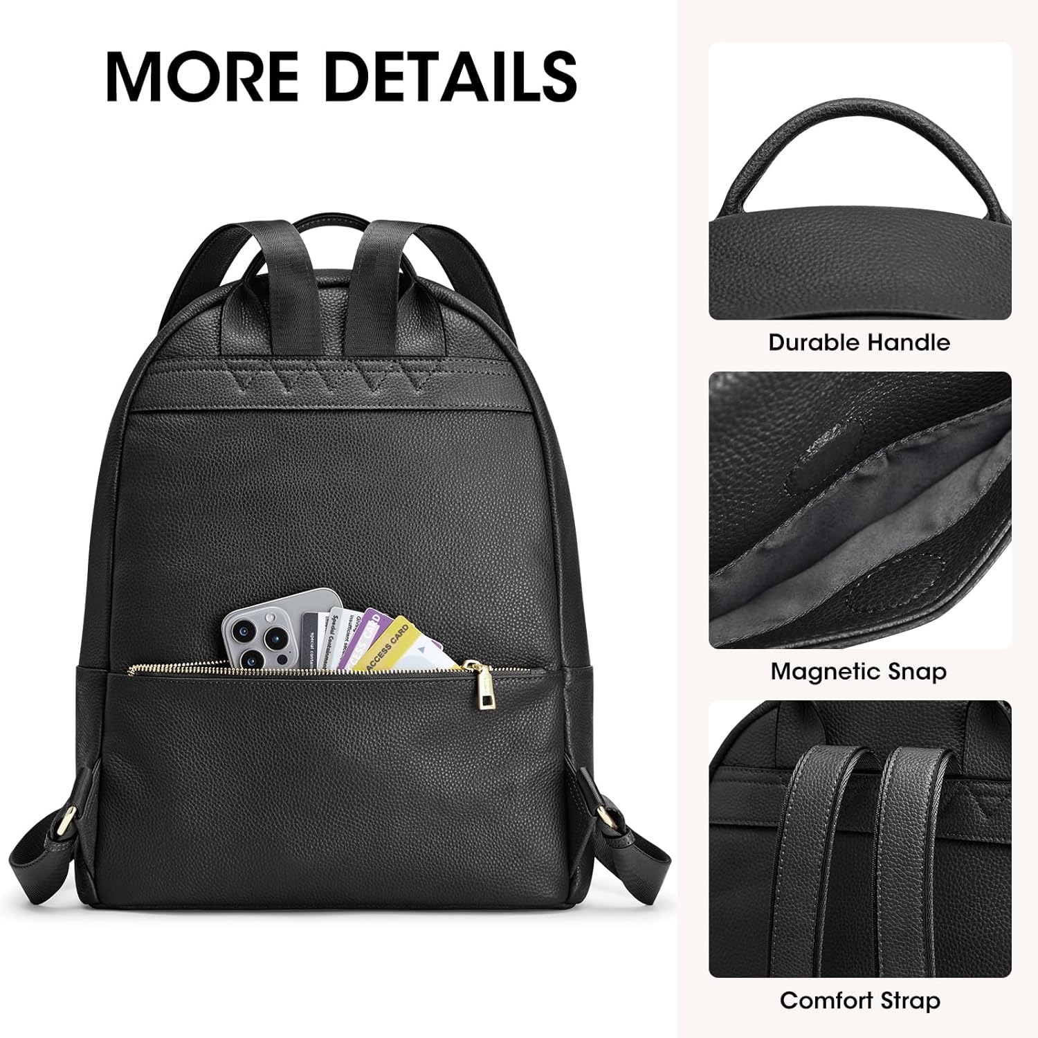 Kattee Leather Backpacks for Women,Fashion Multi-fuction Bag with Card Zipper Bag Attached at the Back for Travel Work Shopping and School, Black - Image 5