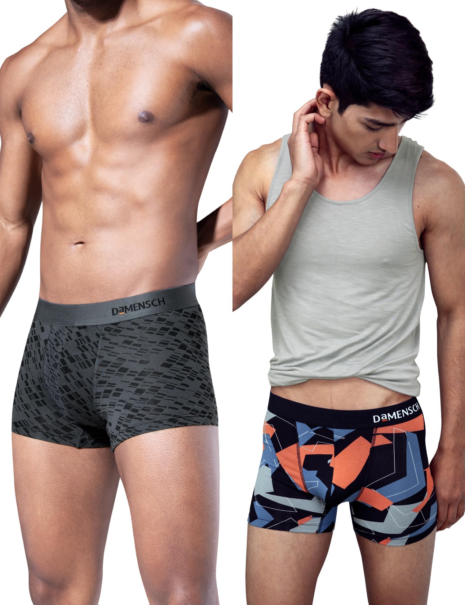 DAMENSCH Modal Regular Fit Printed Trunk Underwear Anti-Bacterial Moisture Wicking Breathable Microfibre Waistband Comfortable Deo-Soft Trunks for Men-Hybrid Grey, Misty Blue-L