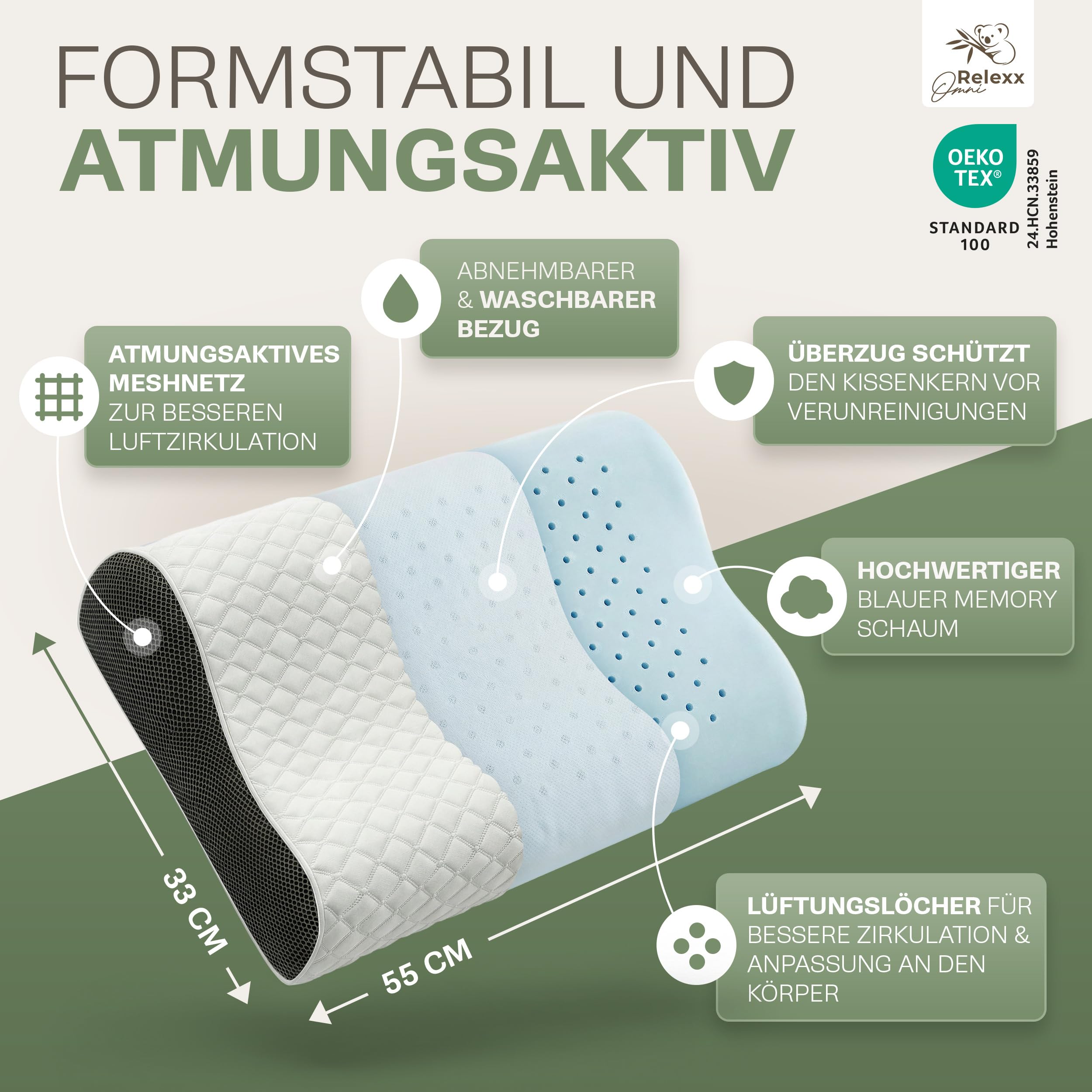 Ergonomisches Nackenstützkissen – Pillow - Seitenschläferkissen | Atmungsaktives Nackenkissen - Kissen - Reisekissen - Kühlendes Kopfkissen – Premium Memory Foam Kissen - Schlafkissen