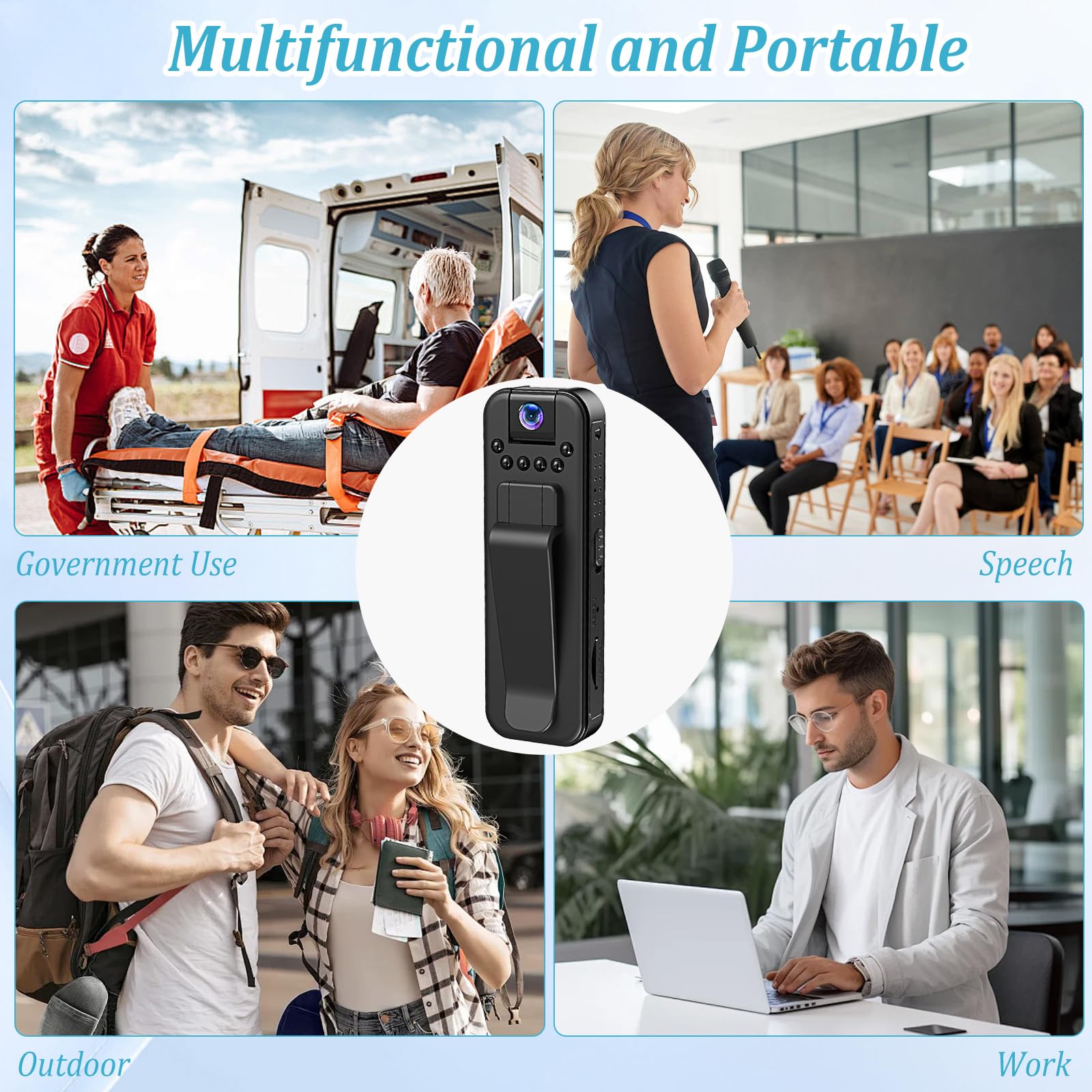 Bodycam - Cámara corporal de 1080P con tarjeta TF de 32 GB y objetivo giratorio de 180°, grabación de audio y vídeo, cámara de bolsillo portátil con visión nocturna para viajes y actividades al aire