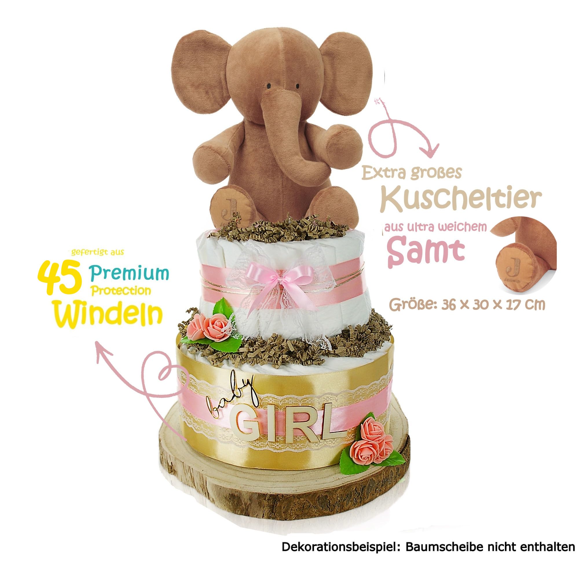 Windeltorte LITTLE PEANUT, rosa | Personalisierbar mit Name und Geburtsdaten | 2-stöckig mit Kuscheltier Elefant bedruckbar