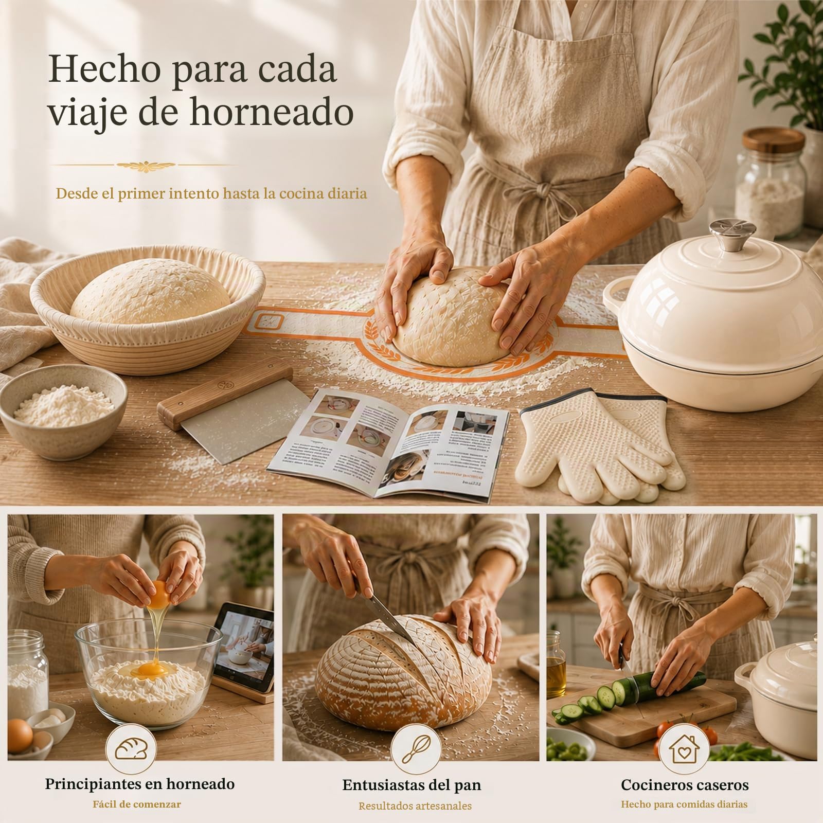 AHJ Olla de Hierro Fundido para Hornear Pan,26cm Dutch Oven | 5,7L Cacerola Holandesa de Esmaltado,Olla para pan con Cesta de Fermentación,para Cocinar,Hornear,Estofar y Asar (Blanco)