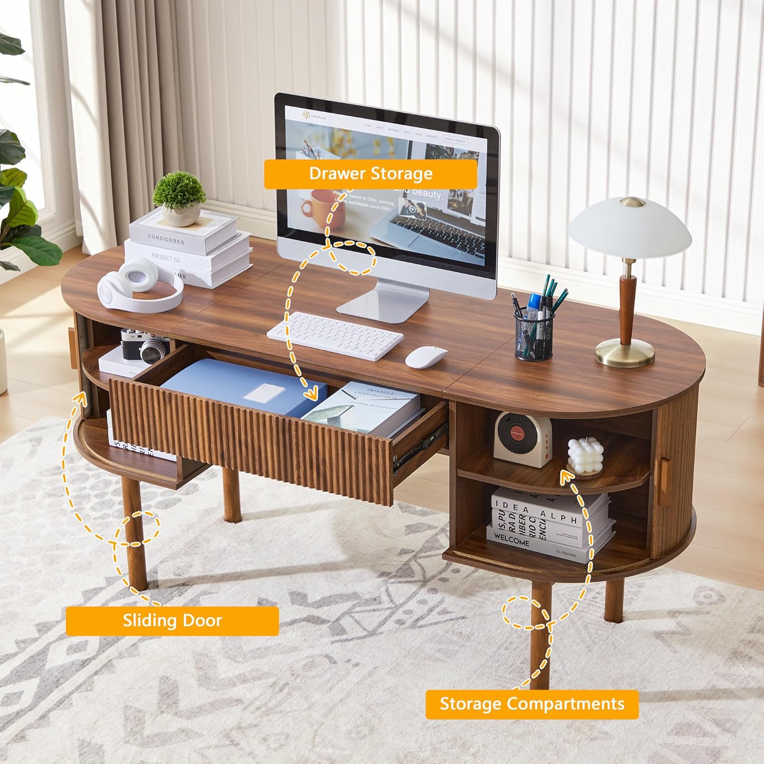 Close-up of the ORRD Home Office Oval Desk drawer open, showing interior space