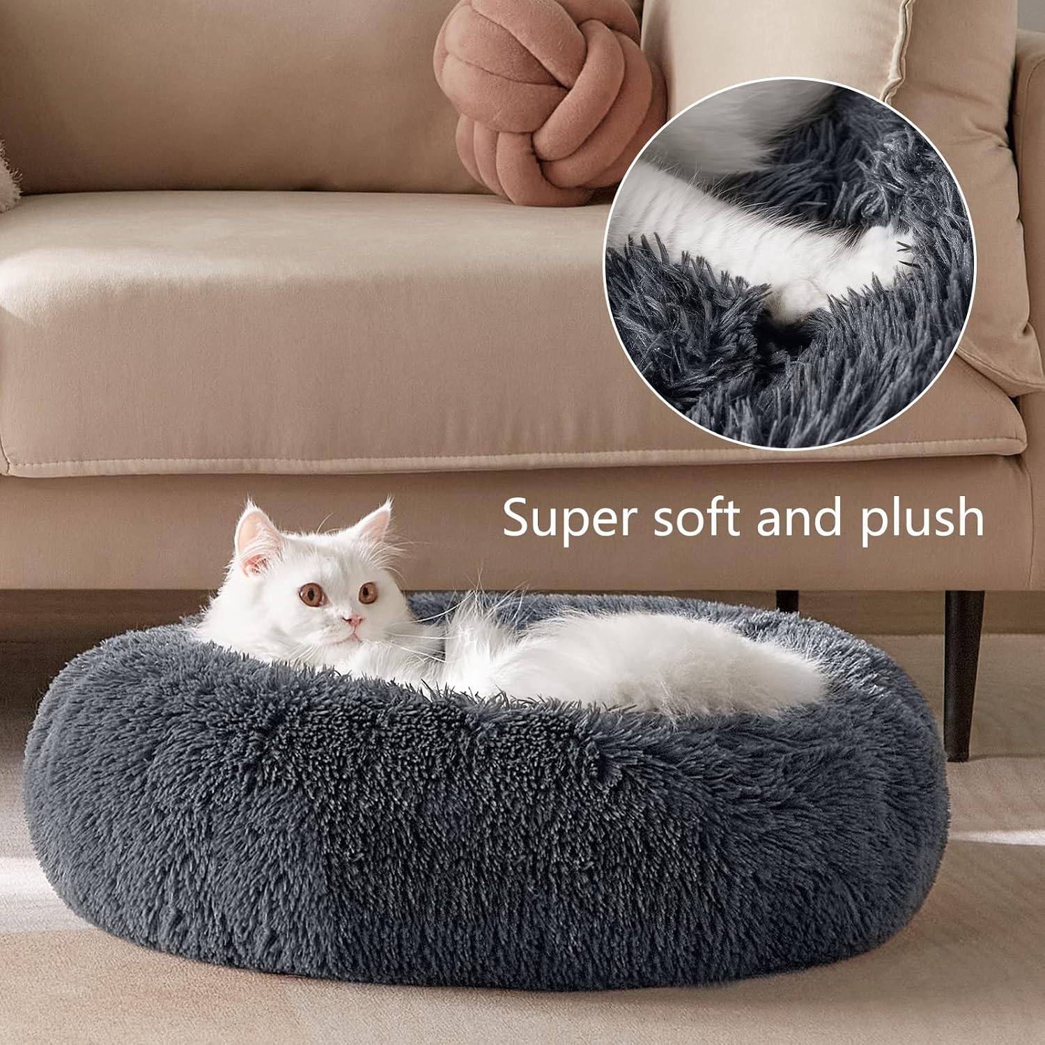 CozyLux Calming Dog Beds & Cat Beds for Small Medium Dogs and Indoor Cats, Anti-Anxiety Round Donut Washable Puppy Bed with Waterproof Bottom, Faux Fur Fluffy Donut Cuddler Warm Pet Bed (20"/23"/30")