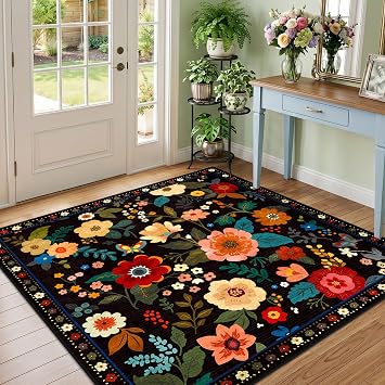 RELEANY Floral Washable Square 4ft Area Rug Black | Flower Carpet Print Boho Cute Non Slip Low Pile for Living Room Bedroom Kitchen Office Entryway Hallway Entrance Farmhouse