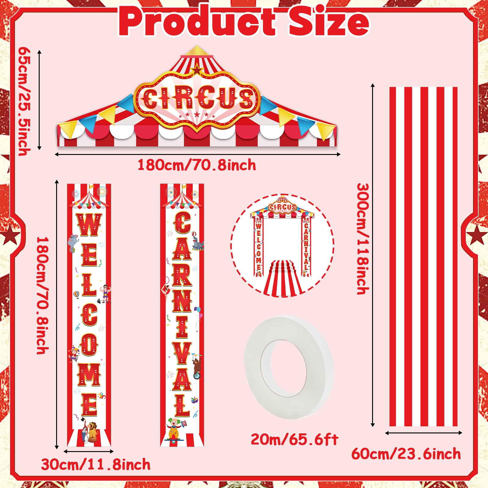 4 pancartas de fiesta de carnaval, decoración de fiesta de circo, decoración de tienda de campaña, toldo de rayas rojas y blancas, pancarta colgante de bienvenida, carnaval, decoración de fiesta para