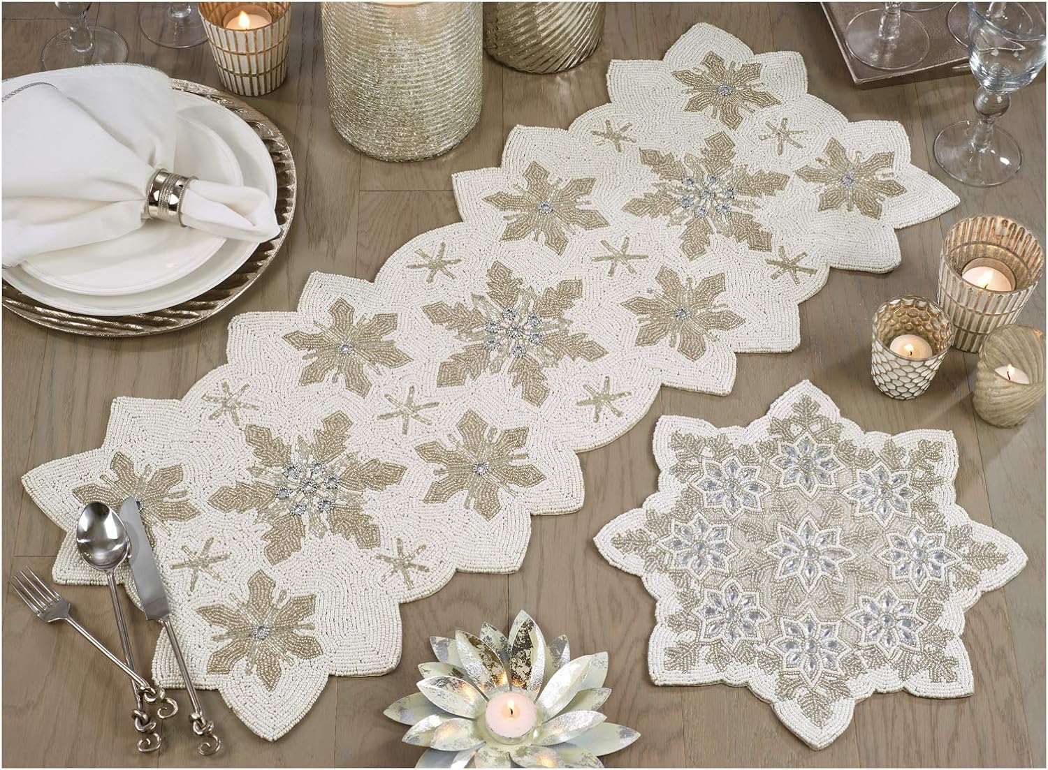 White Beaded Snowflake Table Runner, 13" X 35" Rectangular, Top: Glass Beads, Bottom: Polyester Fabric, (1 Piece).