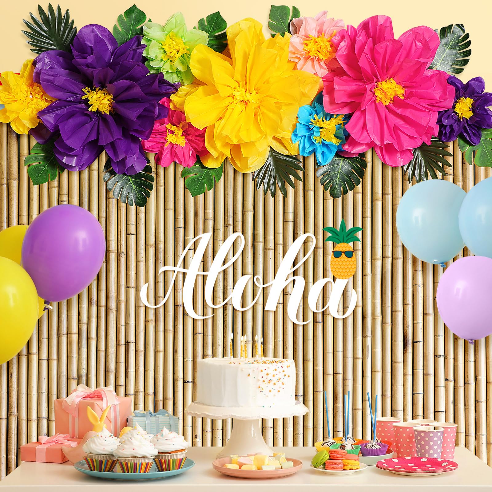 Hawaii-Party-Deko-Set – Mit Hintergrund (180x110 Cm), 9 Papierblumen, 12 Palmenblättern & Tischdecke